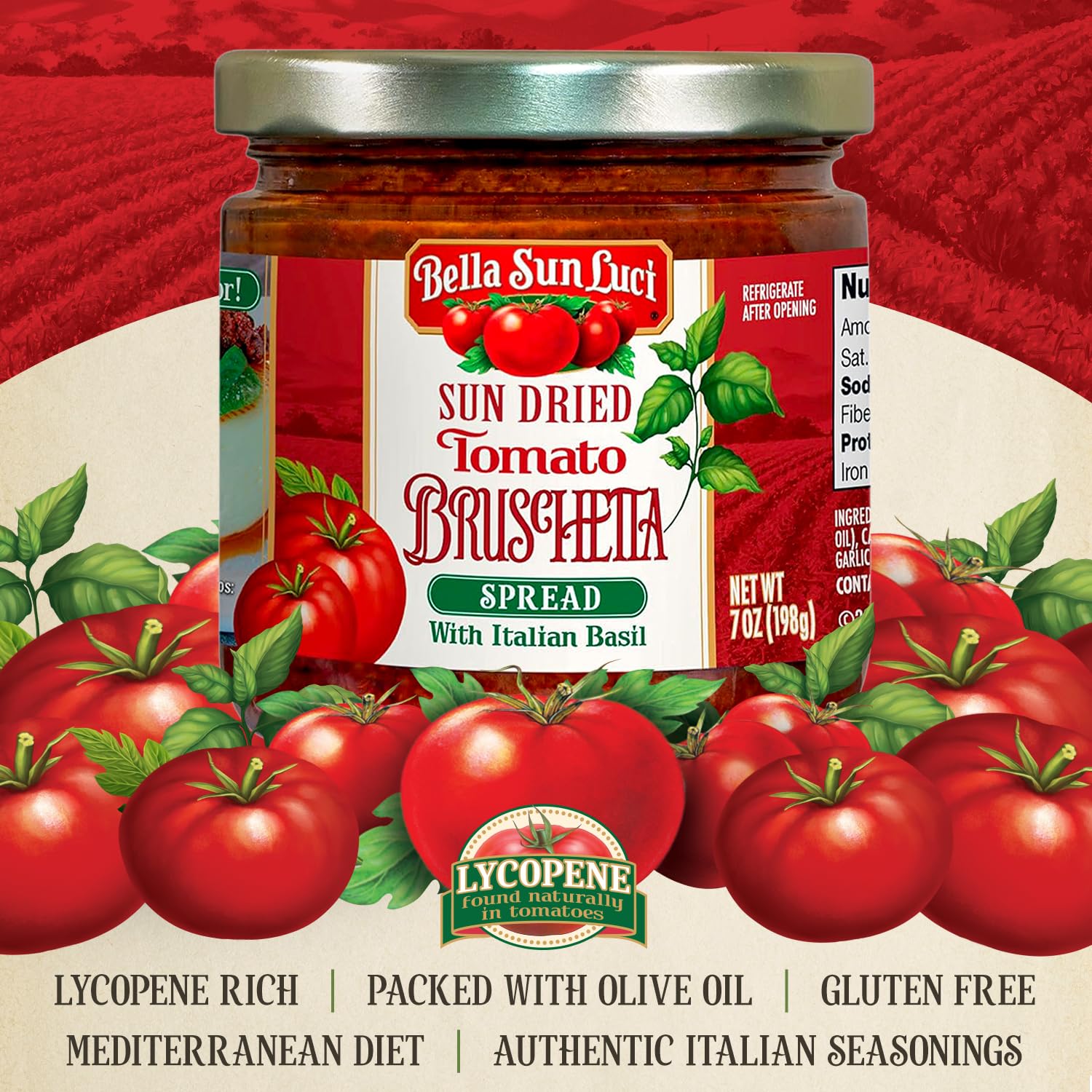 Bella Sun Luci Sun Dried Tomato Bruschetta Spread with Italian Basil, Mediterranean Italian Style Sun-Ripened Tomatoes, Kosher, Vegan, Gluten-Free