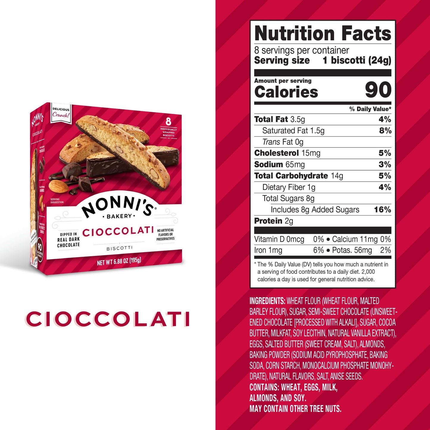 Nonni's Cioccolati Dark Chocolate Almond Biscotti, Individually Wrapped Italian Cookie Snacks, 8 Servings (Pack of 1)