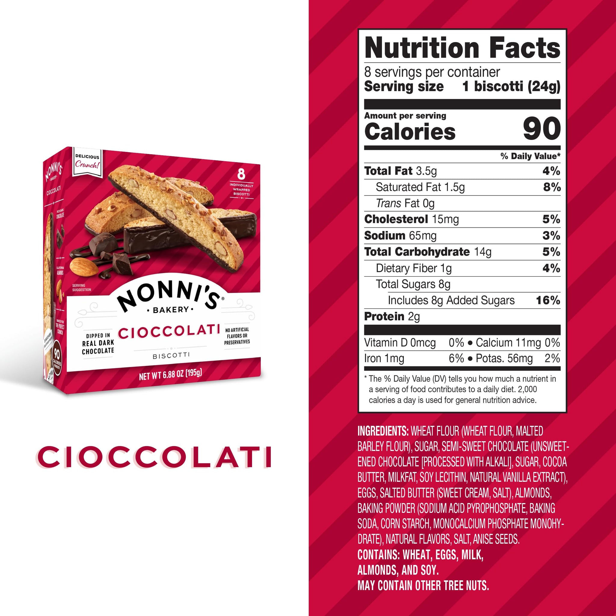 Nonni's Cioccolati Dark Chocolate Almond Biscotti, Individually Wrapped Italian Cookie Snacks, 8 Servings (Pack of 1)