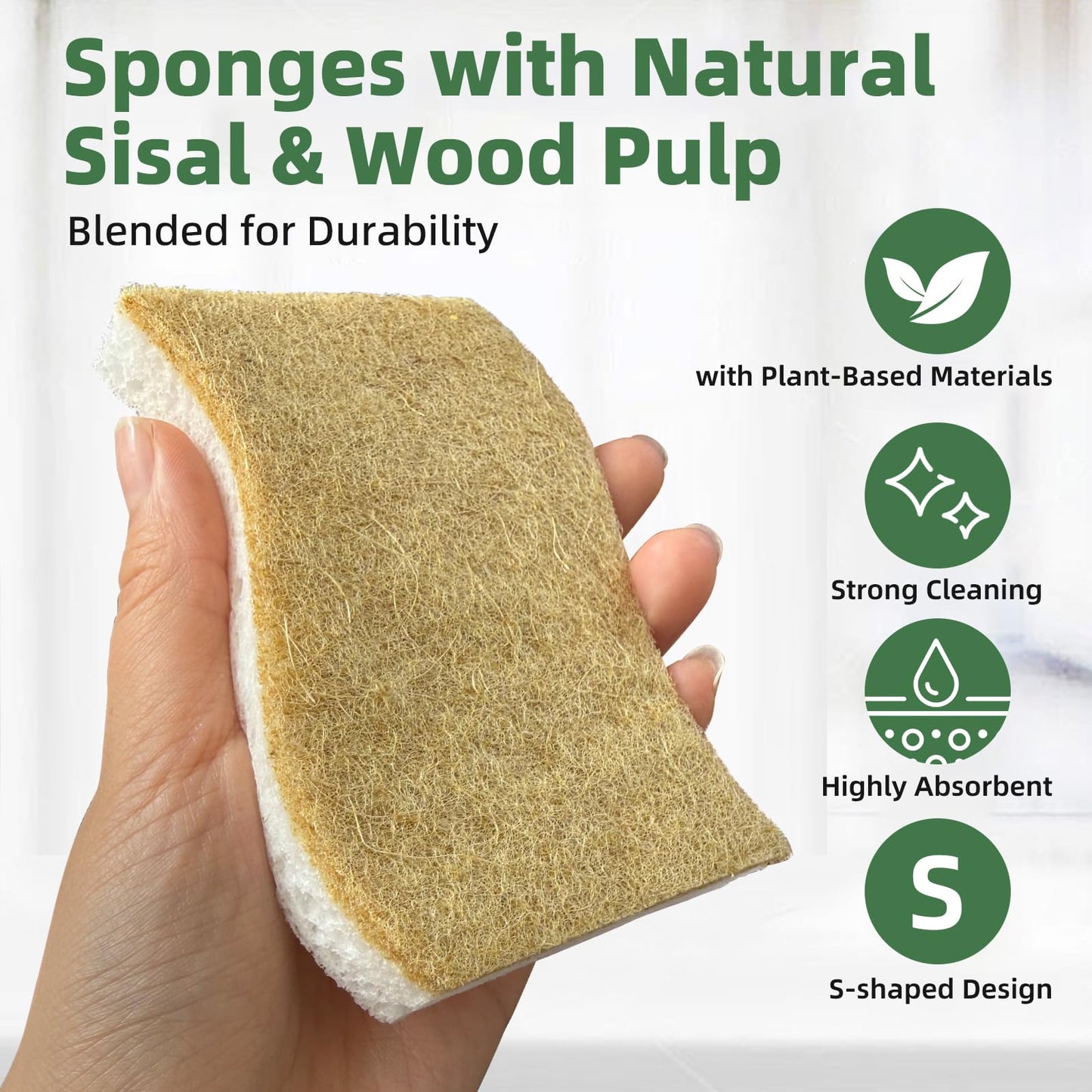 Kitchen Cleaning Sponges, Natural Cellulose Dish Sponge with Coconut Fiber Scrubber for Dishes, Pots and Pans, Eco Friendly Household Cleaning Sponge