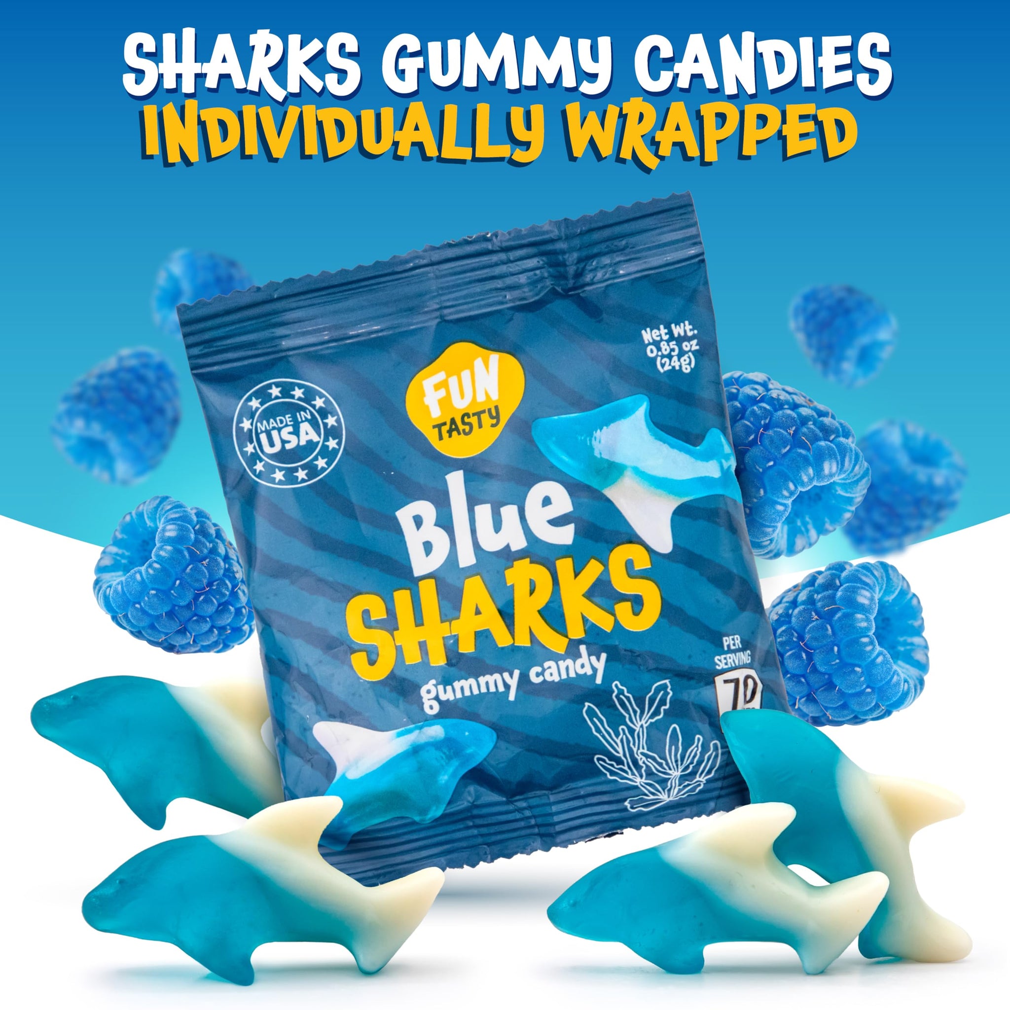 Gummy Sharks - 10 Packs - Blue Shark Gummies Individually Wrapped - Raspberry Marshmallow Flavor - Blue Candy for Goodie Bags, Gifting, Snacking