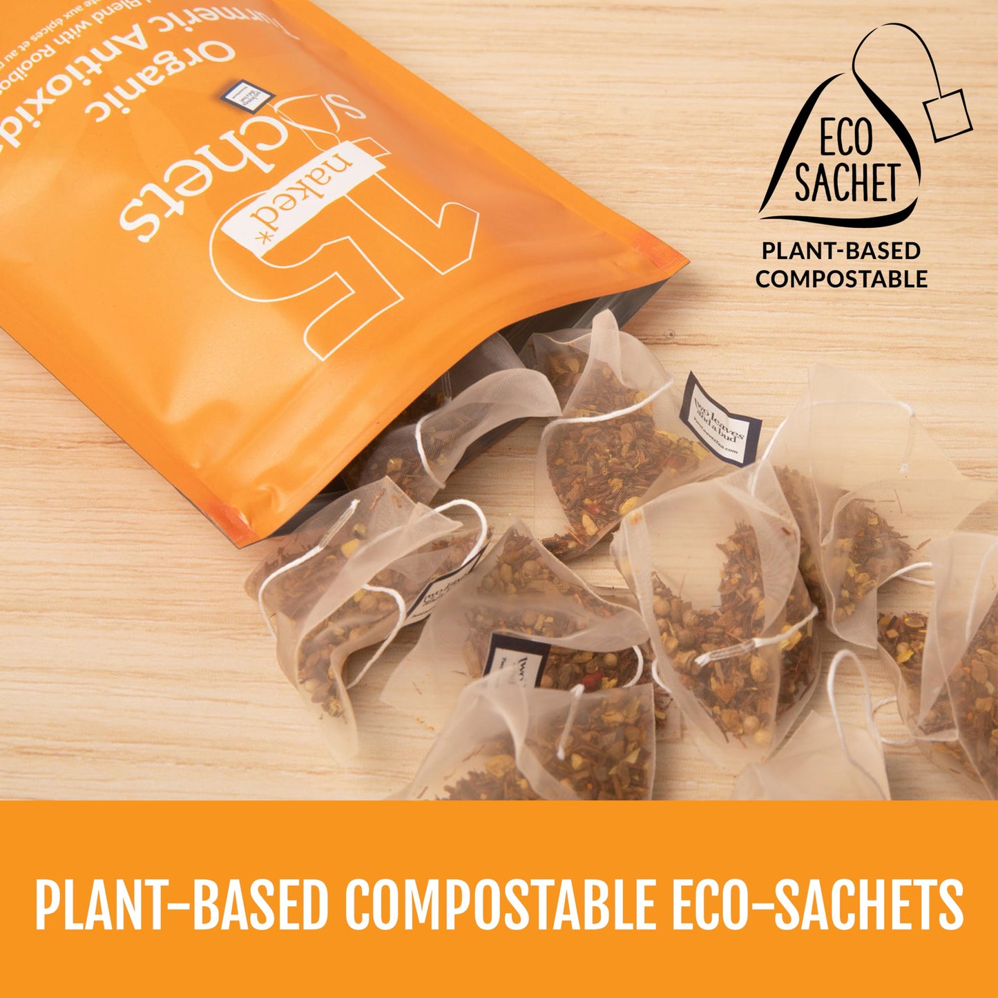 Two Leaves and a Bud Organic Turmeric Antioxidant - 15 Naked Tea Sachets, Naturally Caffeine Free, Whole Leaf Herbal Tea in Unwrapped Pyramid Sachets