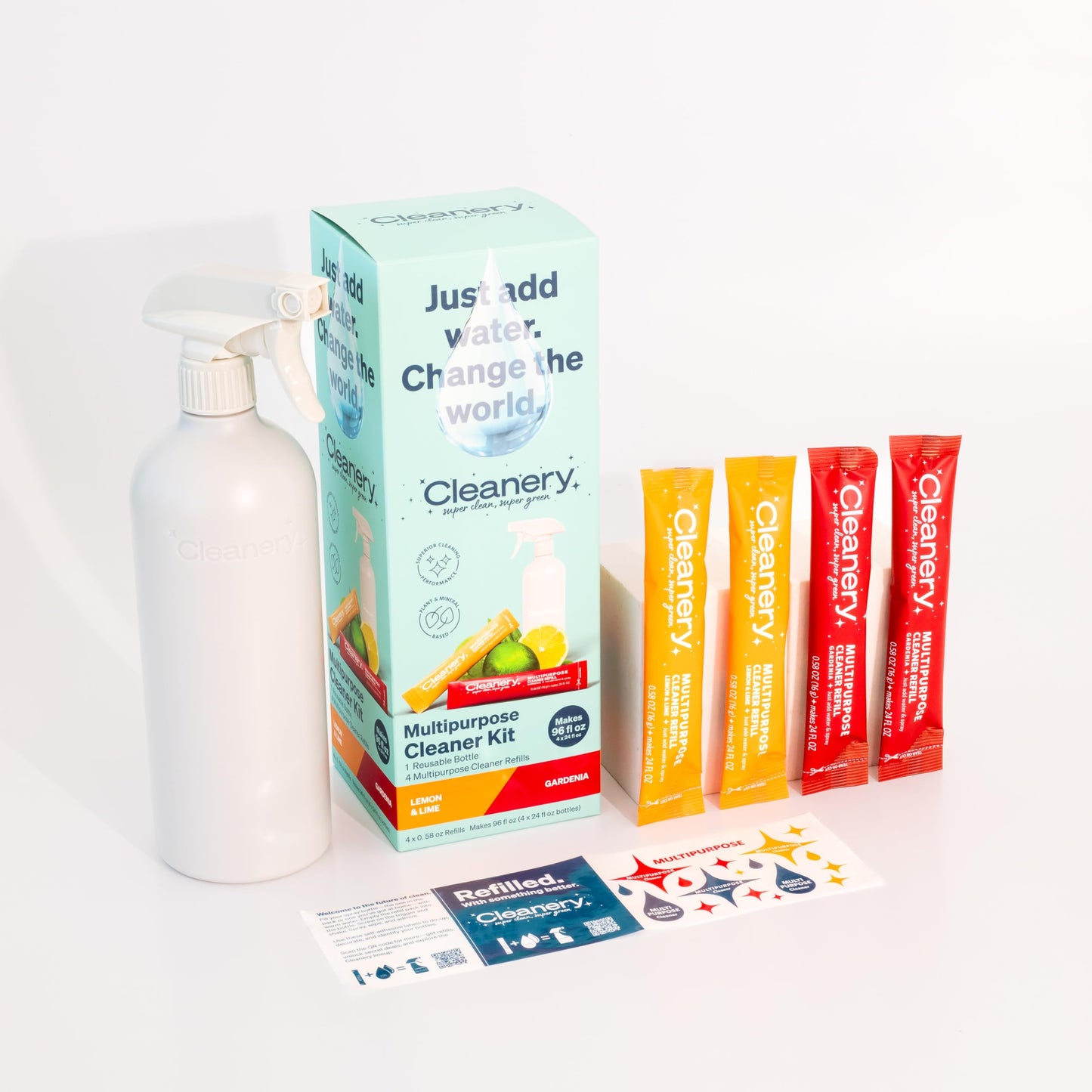 Cleanery All Purpose Refill Cleaner Starter Kit with Reusable Bottle + 2 Lemon Lime + 2 Gardenia, Makes 24 fl oz each.