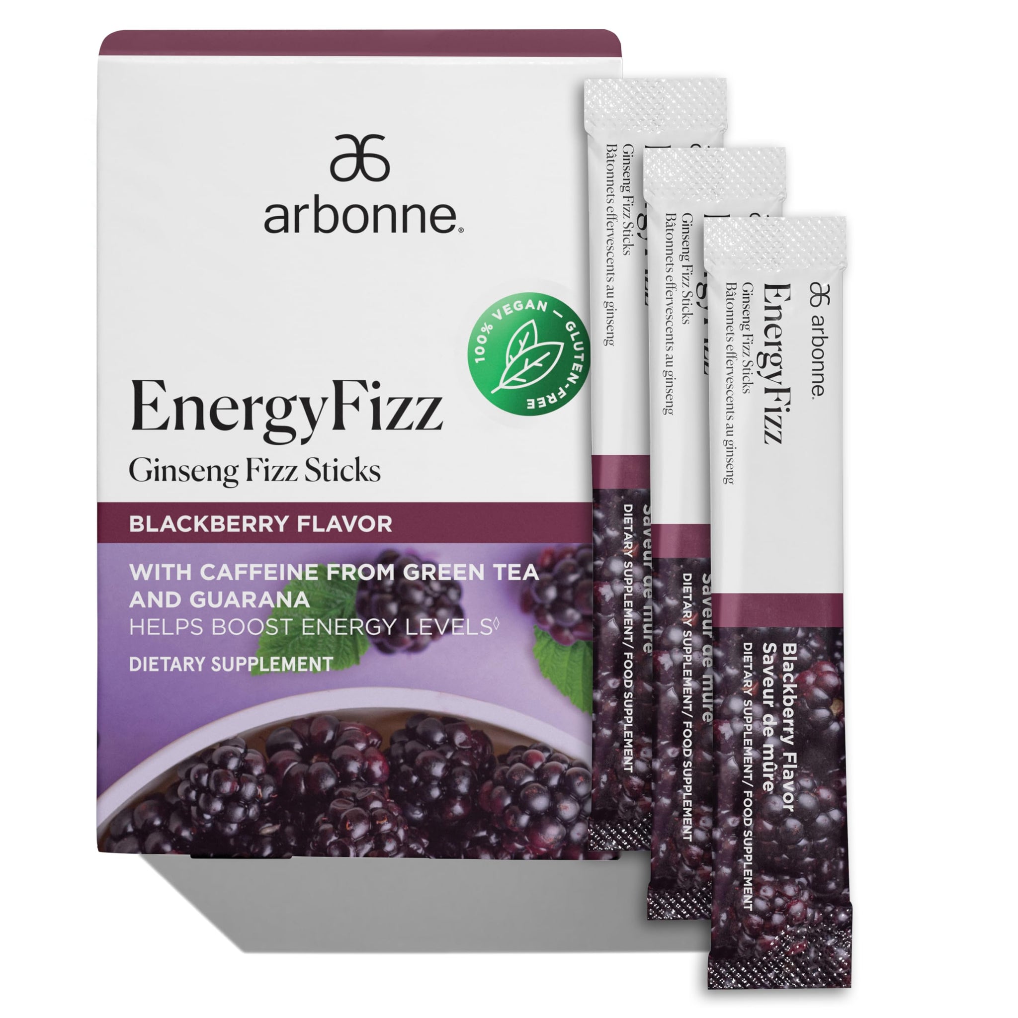 Arbonne Ginseng Energy Supplements - Blackberry Flavor Fizz Sticks, Energy Boost with Caffeine Powder from Guarana and Green Tea, Delicious