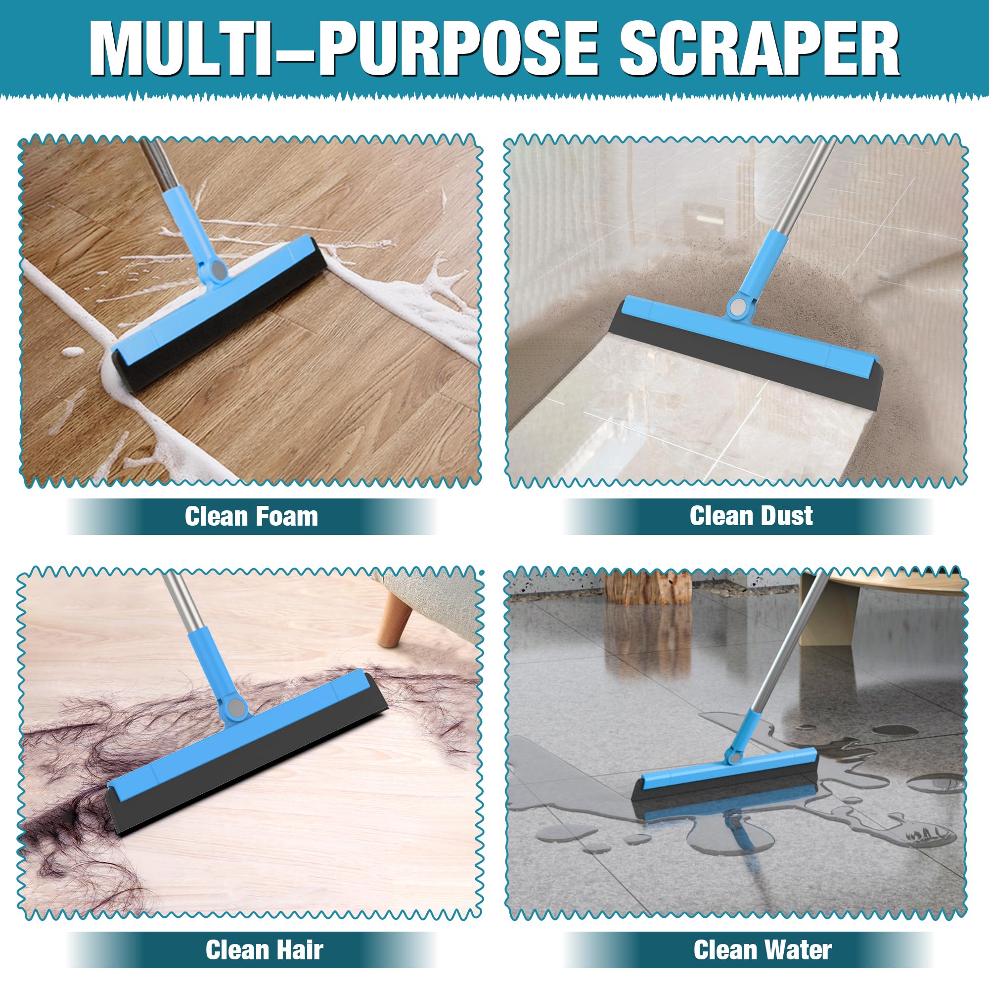 KOLLIEE Floor Squeegee Adjustable 59'' Long Handle Professional Floor Squeegee with Hook Water Squeegee Foam Blade for Concrete Floor Tile Pet Hair