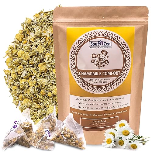 Sou Zen Chamomile Comfort Loose Leaf Chamomile Tea Bags (30 Ct) - Corn Fiber Pyramid Tea Bags, Caffeine-Free Herbal Tea
