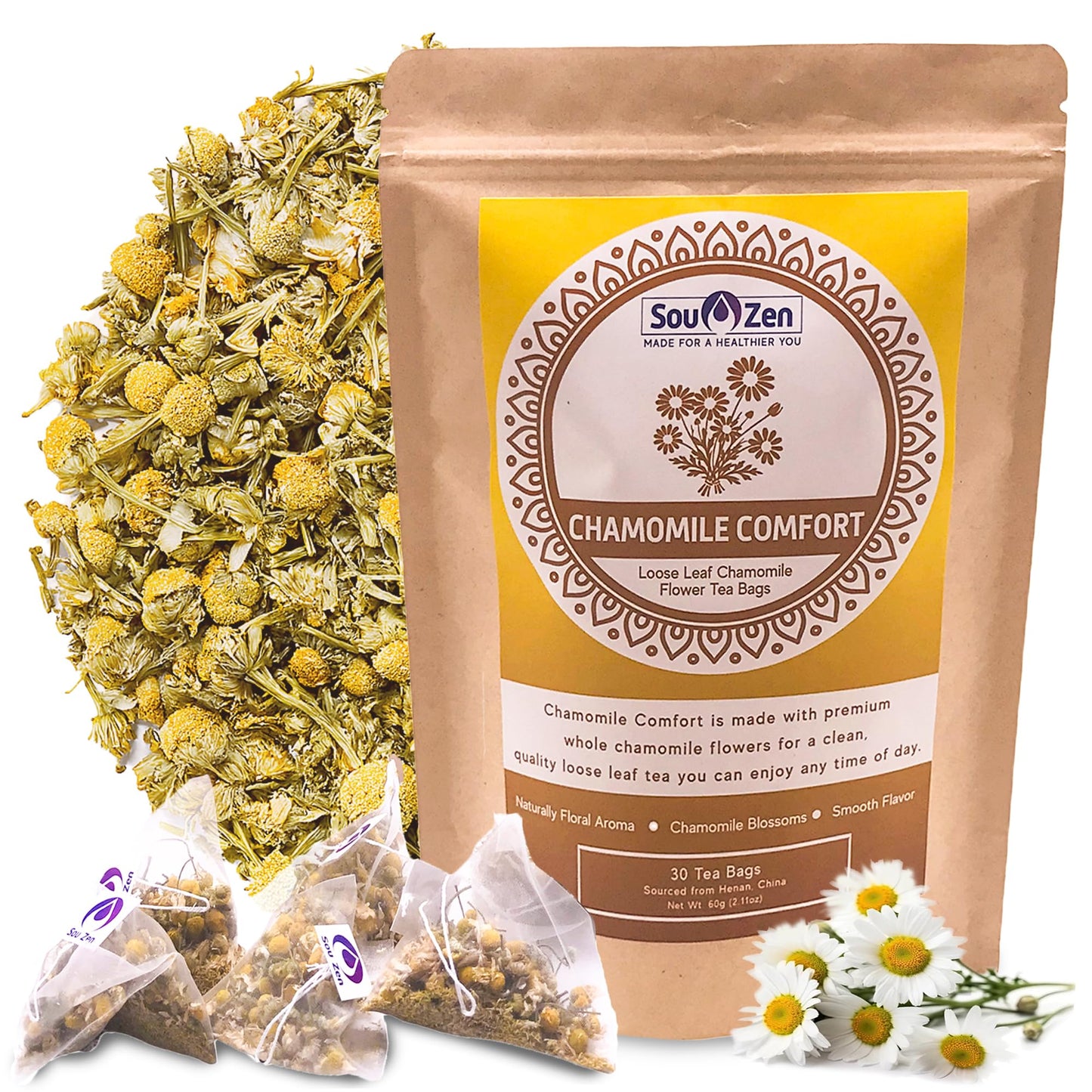 Sou Zen Chamomile Comfort Loose Leaf Chamomile Tea Bags (30 Ct) - Corn Fiber Pyramid Tea Bags, Caffeine-Free Herbal Tea