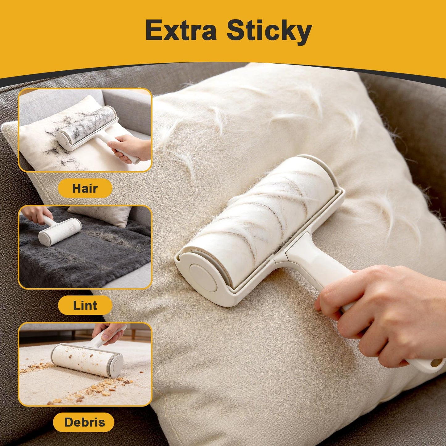 YMPLKMTR Extra Sticky Lint Roller with 1 Upgraded Handles, 90 Sheets (1 Roll), Effectively Removes Pet Hair, Lint & Fur from Clothes, Couches