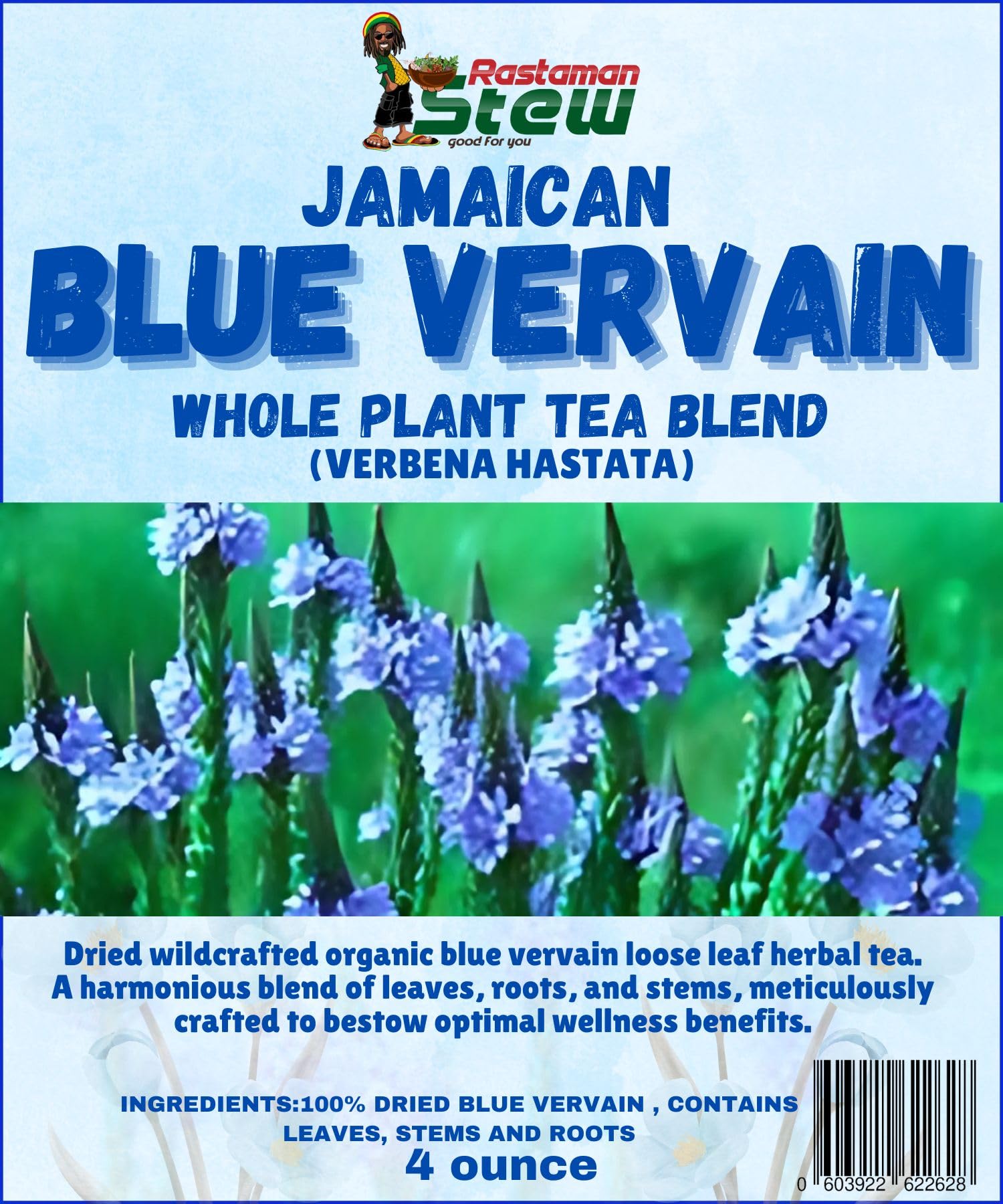 Blue Vervain Loose Leaf Tea - Organic Wildcrafted Caribbean Herbal Tea - Caffeine Free Single Ingredient Jamaican Herb - Rastaman Stew 4oz