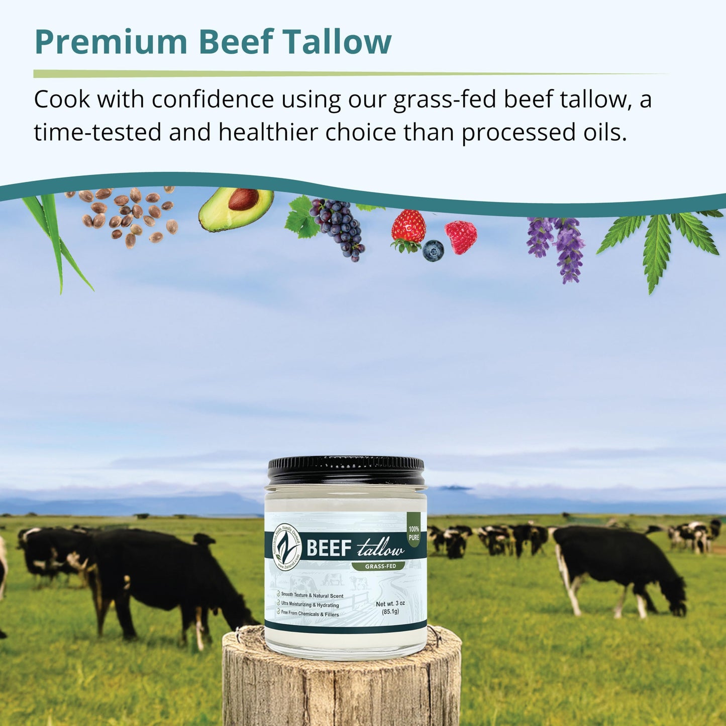 Zatural 100% Pure Grass-Fed Beef Tallow ~1 Gallon, 8 lbs - Deodorized & Refined Food-Grade Fat for Cooking, Frying, Skincare, Soap Making & DIY Balms