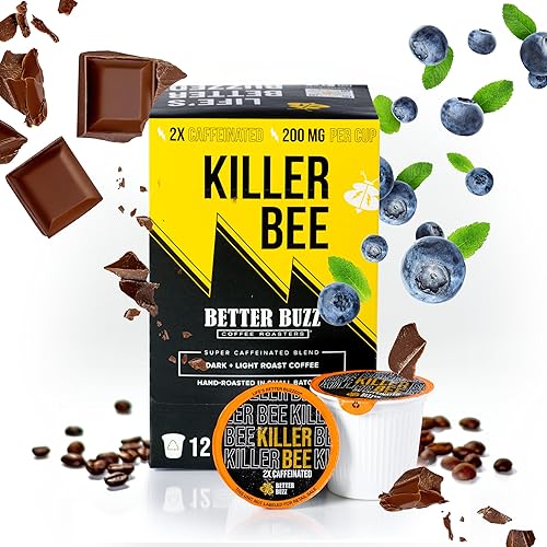 Better Buzz Killer Bee Super Caffeinated Dark Roast Light Roast Blend 12ct., California Solar Energy Produced Recyclable Coffee Pods, Small Batch