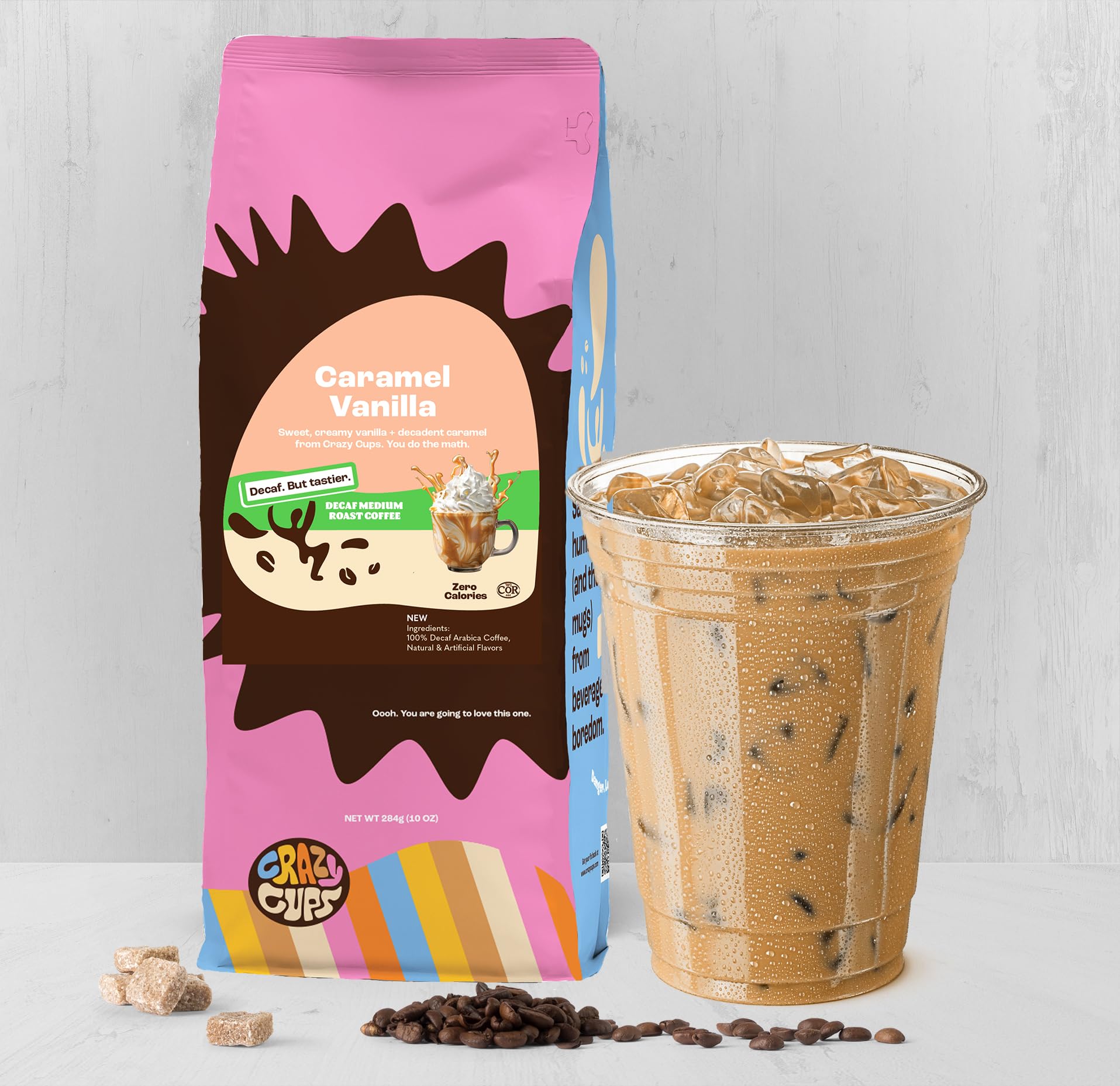 Crazy Cups Decaf Flavored Ground Coffee Variety Pack, Includes Cinnamon French Toast, Caramel Vanilla and Pumpkin Spice, in 10 oz Bags, For Brewing