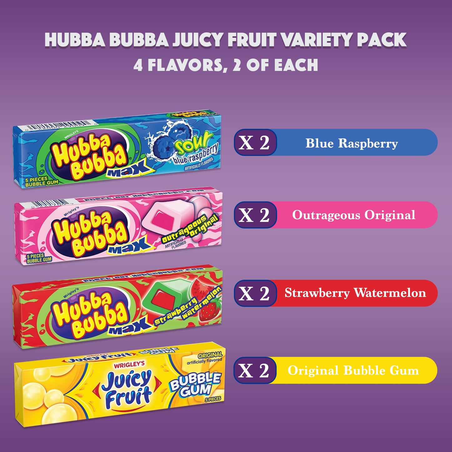 Gum Variety 8 Pack- Including 2 Packs Each of 4 Flavors- Max Strawberry Watermelon, Sour Blue Raspberry, Outrageous Original, and Juicy Fruit Original
