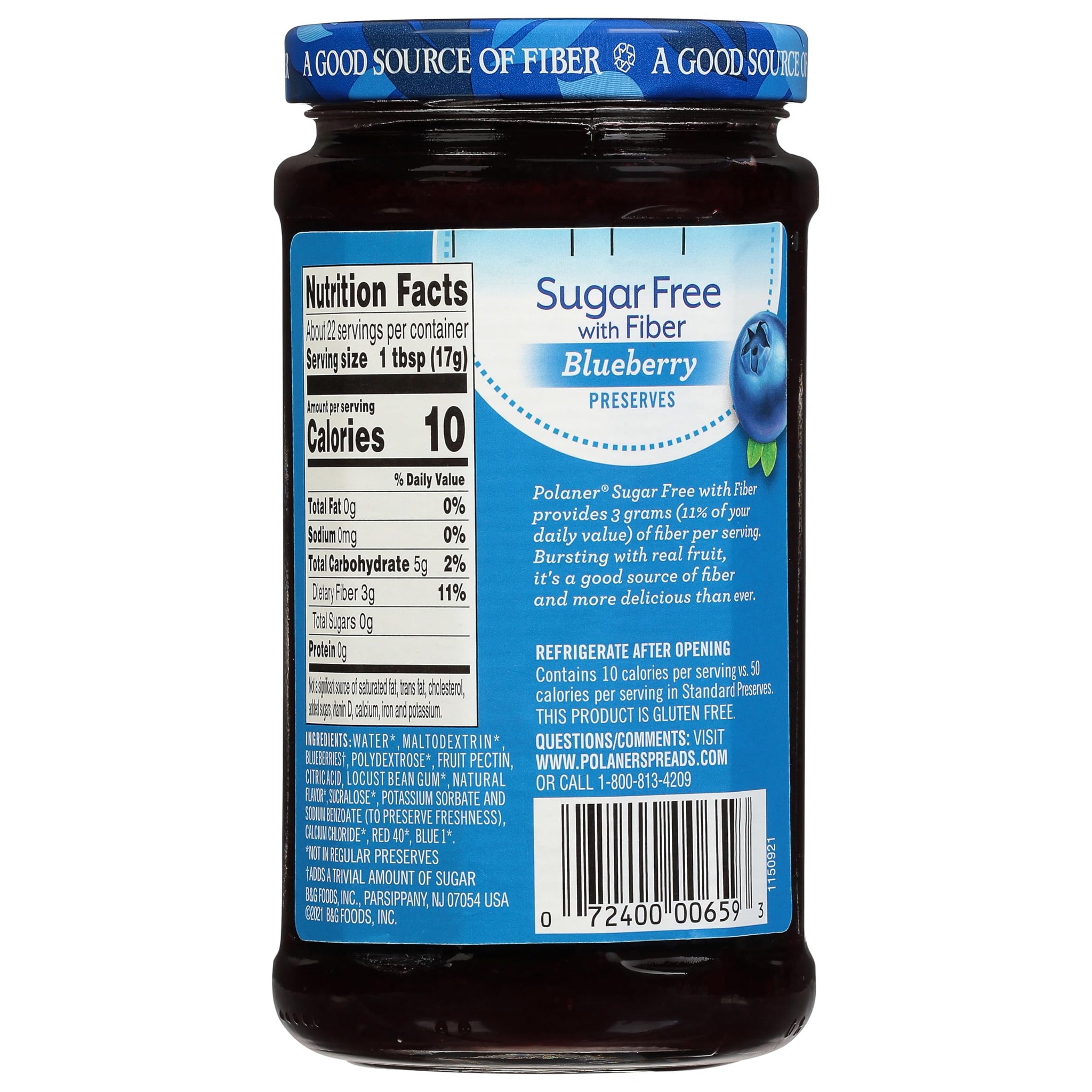 Polaner Sugar Free with Fiber, Blueberry Preserves, 13 Ounce