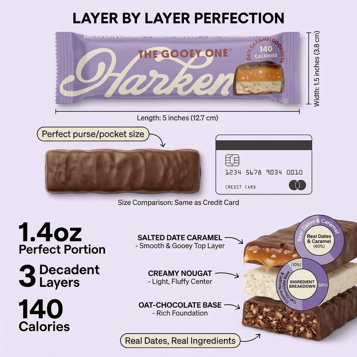 Harken Sweets Dates Salted Caramel Nougat - 1.41 oz Bar (Pack of 3) - Caramel Candy with Vegan Chocolate - Dairy Salted Snack