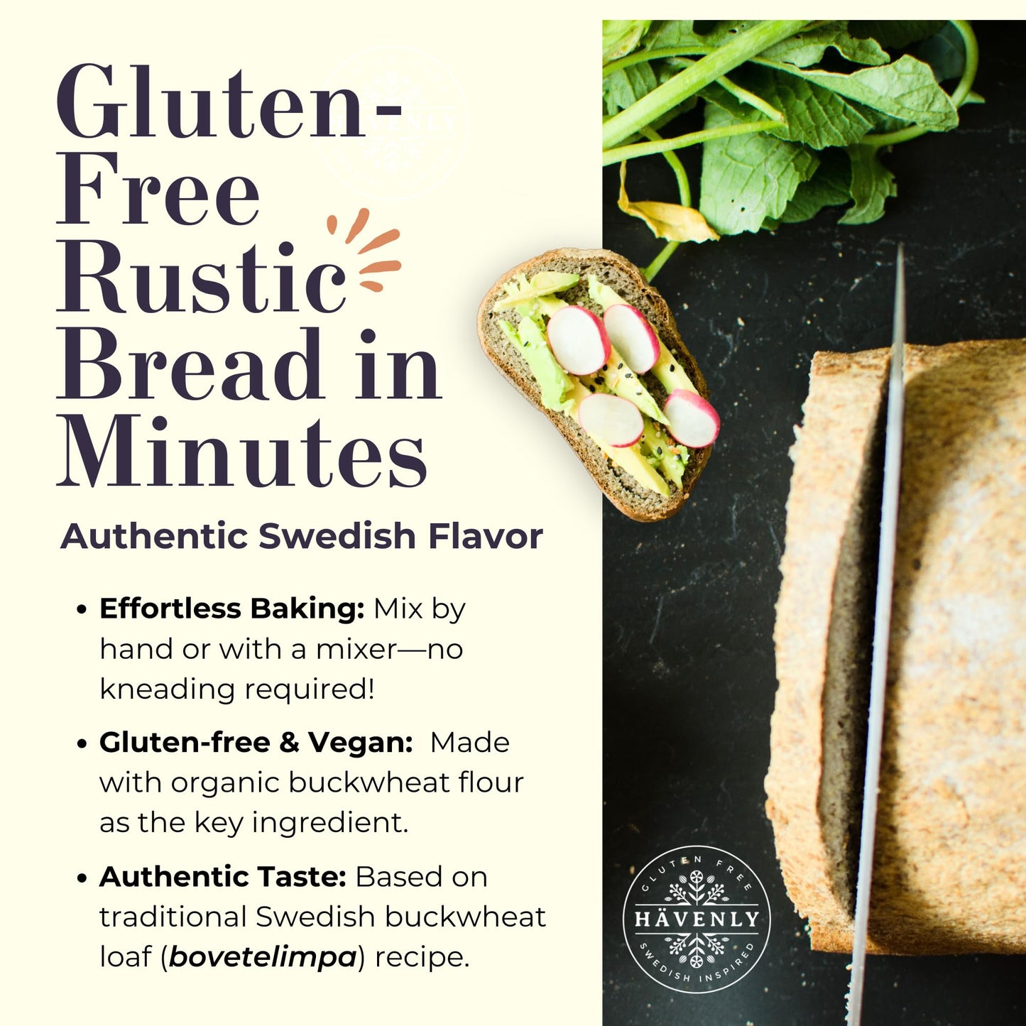 Havenly Rustic Bread Mix 18.5 oz Gluten Free Flour | Vegan, Dairy Free, Nut Free, Soy Free, Kosher Bread Flour | No sugar added | No Knead - Easy to Make | High Fiber Wholegrain Gluten Free Flour | Yeast for Baking Included