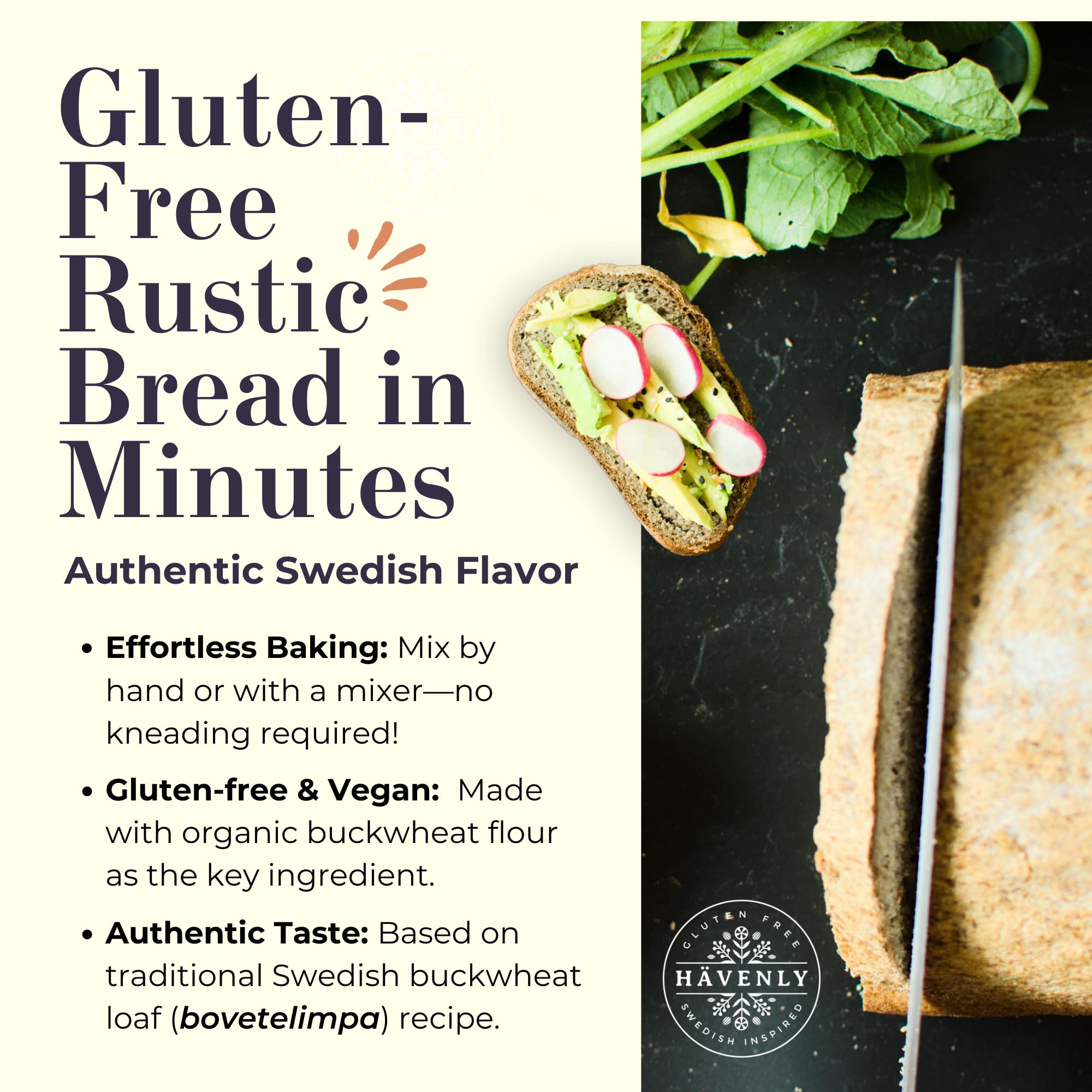 Havenly Rustic Bread Mix 18.5 oz Gluten Free Flour | Vegan, Dairy Free, Nut Free, Soy Free, Kosher Bread Flour | No sugar added | No Knead - Easy to Make | High Fiber Wholegrain Gluten Free Flour | Yeast for Baking Included