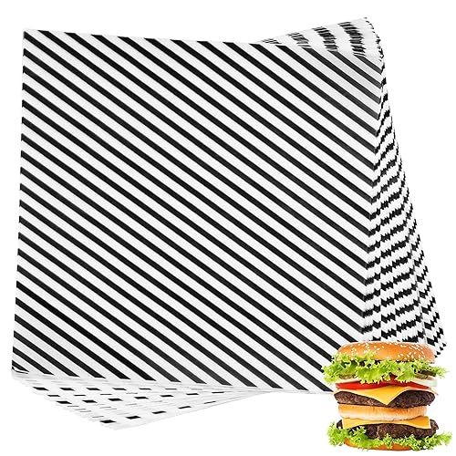 Suiwen 200 Sheets Black and White Striped Food Wrap, Dry Waxed Deli Paper for Bread and Sandwiches, Paper Liners for Plastic Food Basket (12''x12'')
