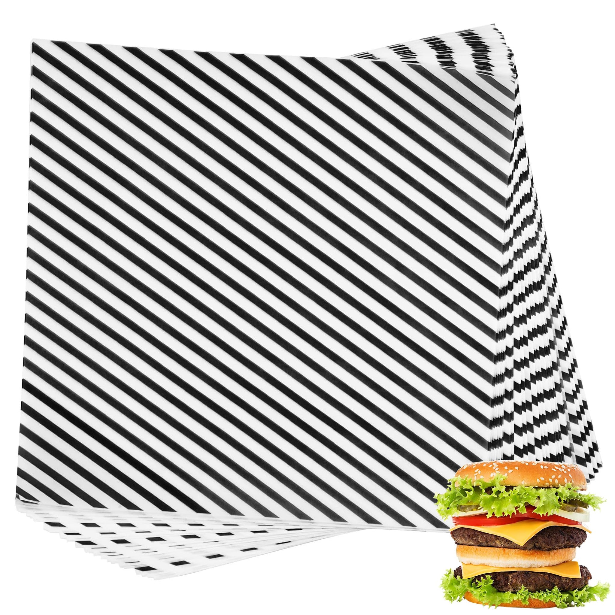Suiwen 200 Sheets Black and White Striped Food Wrap, Dry Waxed Deli Paper for Bread and Sandwiches, Paper Liners for Plastic Food Basket (12''x12'')