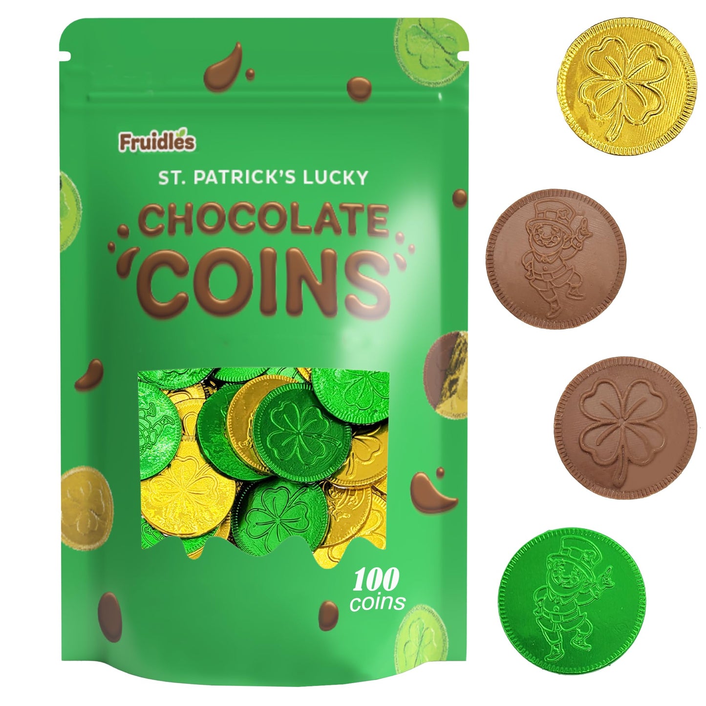 100-Count St. Patrick's Day Milk Chocolate Green & Gold Coin, 100 Coins, Shamrock & Leprechaun Themed Coins, Parties, Events and Celebrations, Perfect