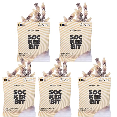 Sockerbit Swedish Candy Sour Cherry Cola Gummies, 5 Bags, Sweet & Sour Candy Bottle Shapes, Sugar-Coated Chewy Gummies, Gluten Free & Non GMO, 2.82oz