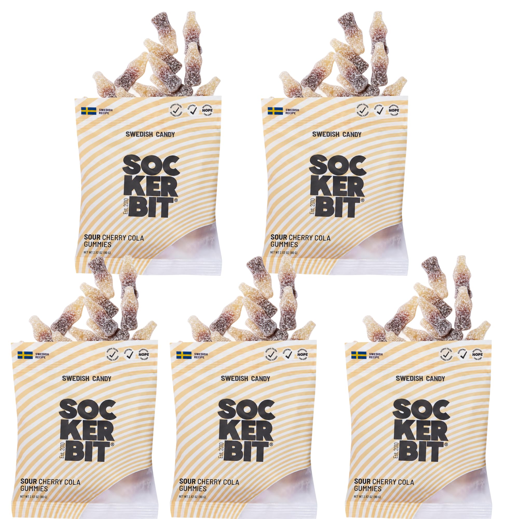 Sockerbit Swedish Candy Sour Cherry Cola Gummies, 5 Bags, Sweet & Sour Candy Bottle Shapes, Sugar-Coated Chewy Gummies, Gluten Free & Non GMO, 2.82oz