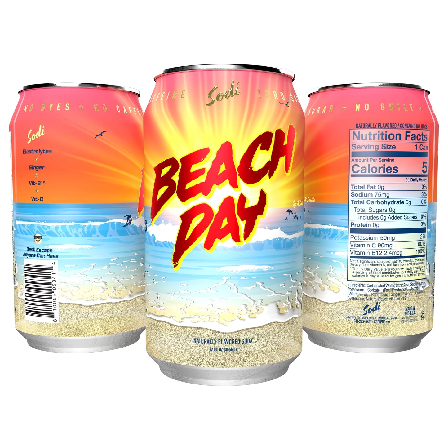Sodi | Better For You Sparkling Soda Pop | Beach Day | Zero Sugar | Zero Caffeine | Zero Colors or Dyes | Gluten Free | Naturally Flavored | 12fl oz