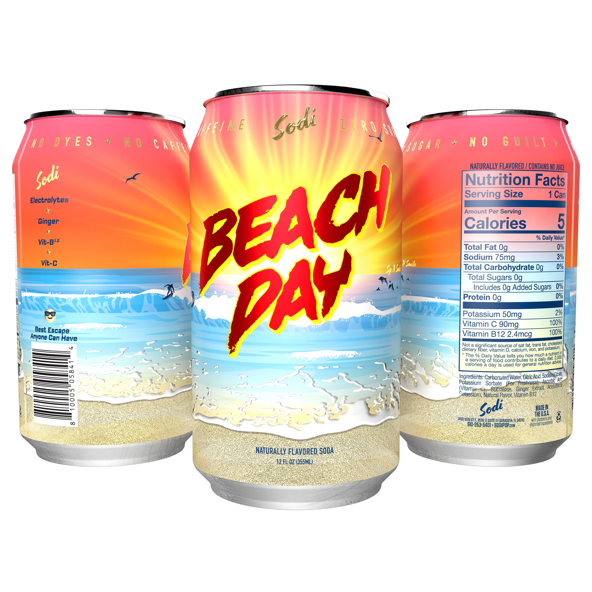 Sodi | Better For You Sparkling Soda Pop | Beach Day | Zero Sugar | Zero Caffeine | Zero Colors or Dyes | Gluten Free | Naturally Flavored | 12fl oz