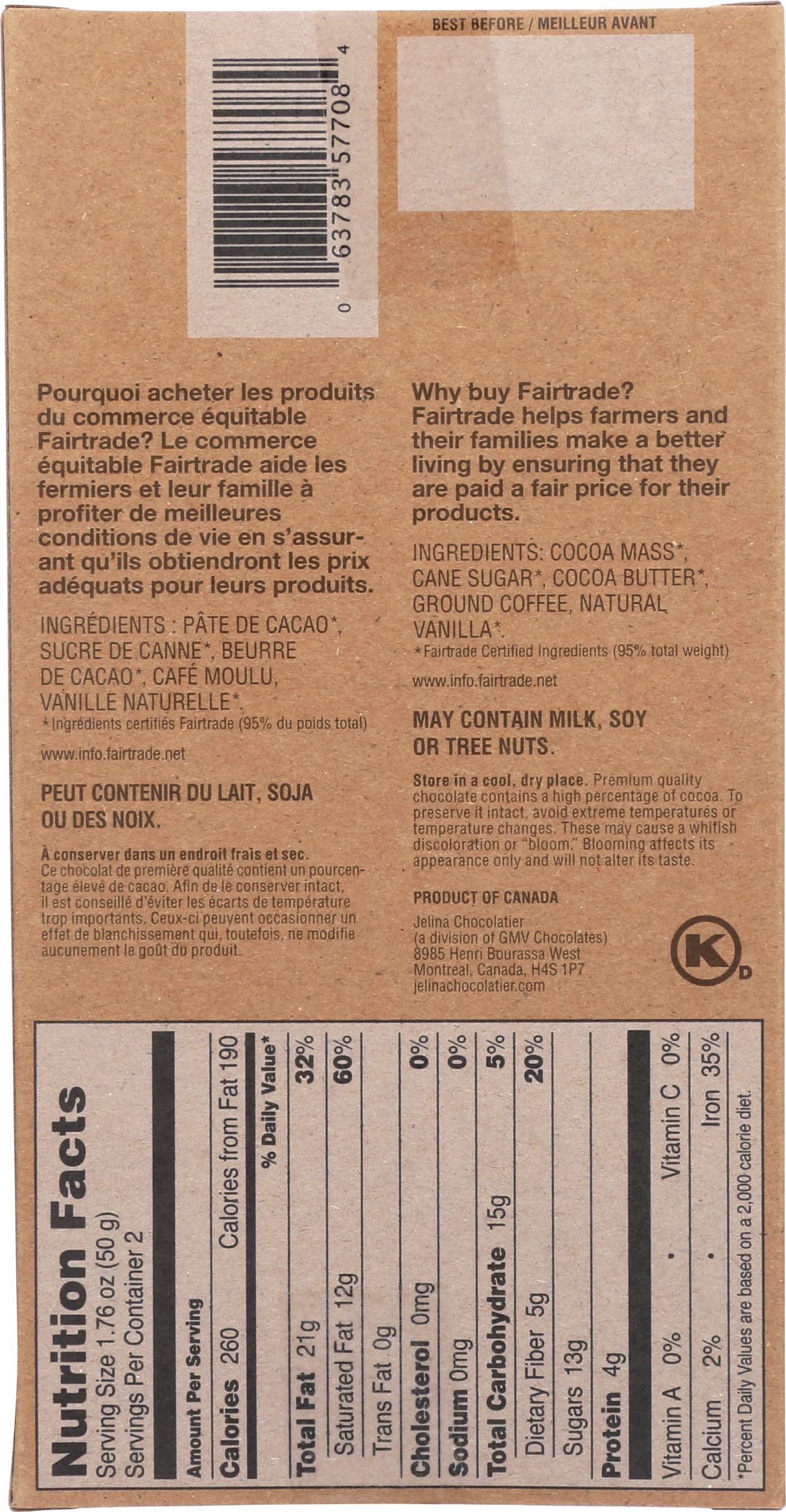 Jelina Chocolatier 72% Dark Chocolate Espresso Bar, 3.52 OZ