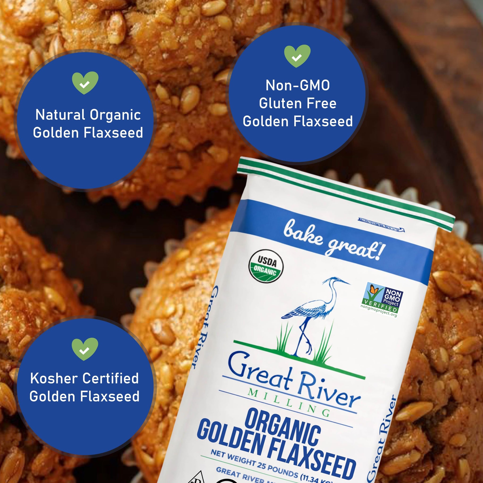 Great River Milling Organic Golden Flaxseed | Whole Golden Flax Seeds | Gluten Free, Non-GMO, Vegan, Kosher | Flaxseed for Baking, Smoothies, Oatmeal