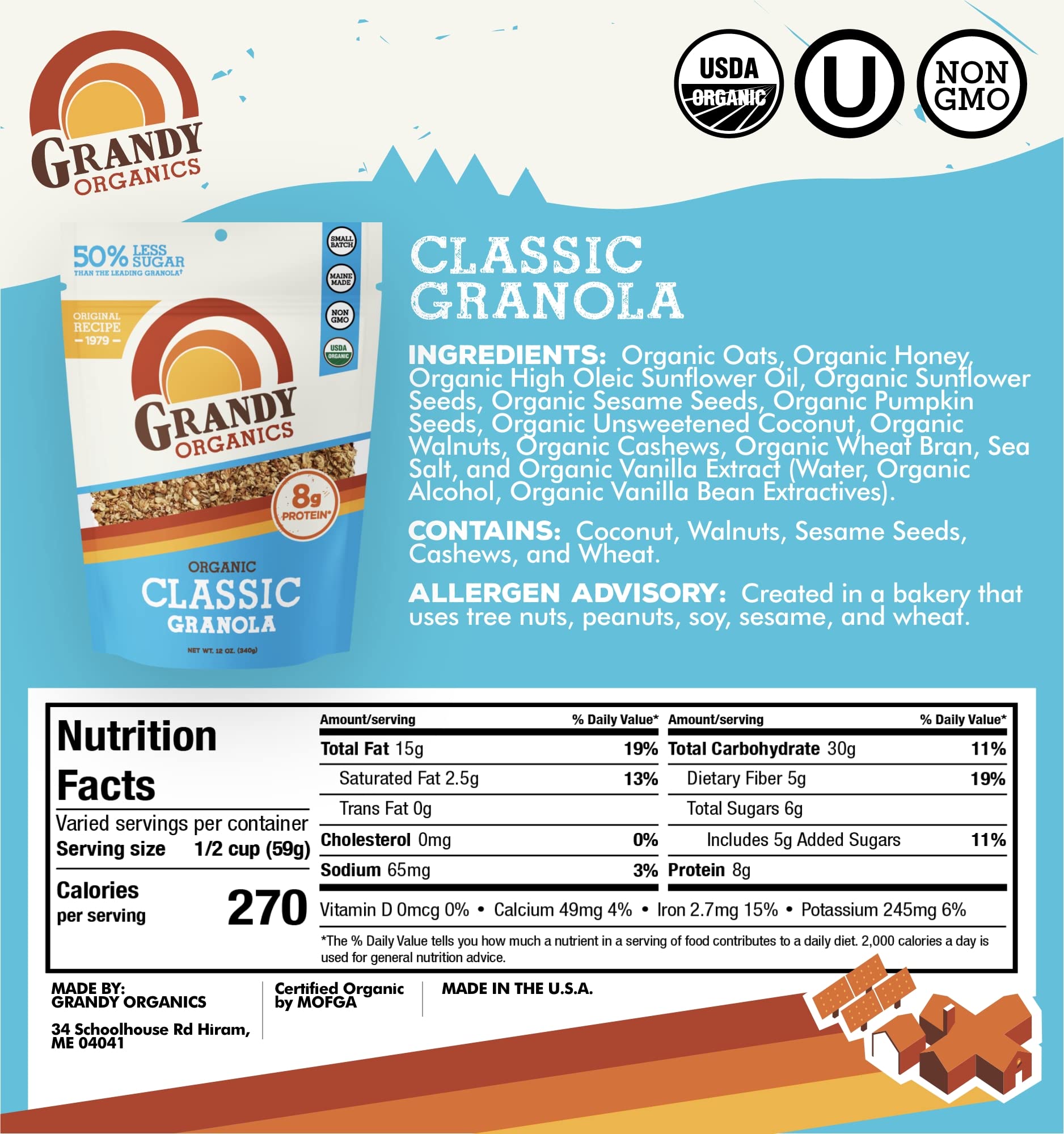 Grandy Organics 10lb Bulk Classic Granola - Certified Organic & Low Sugar Granola - 8g Protein - Non GMO & Dairy Free - Oats, Pumpkin Seeds, Cashews