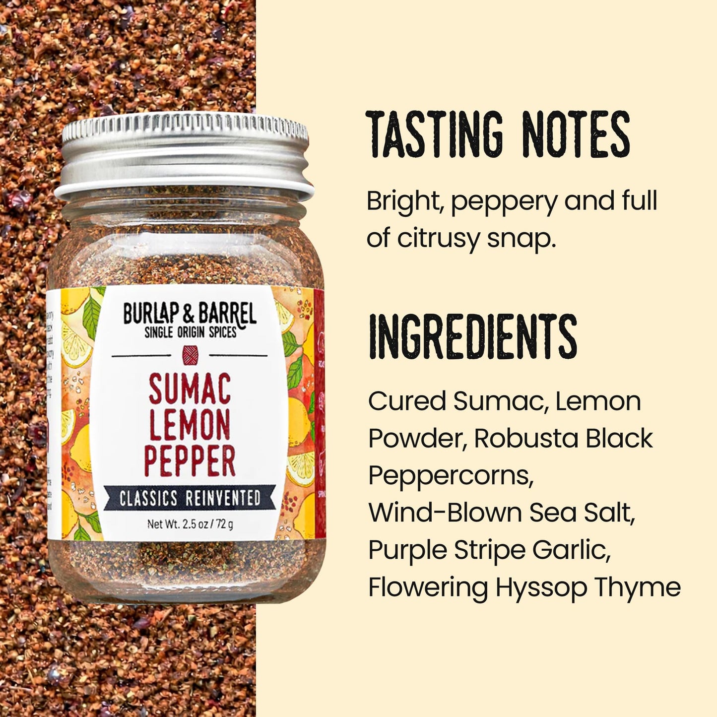 Burlap & Barrel Sumac Lemon Pepper - As Seen on Shark Tank! - Bright, Peppery, and Full of Citrusy Snap - Great for Chicken, Fish, and Vegetables
