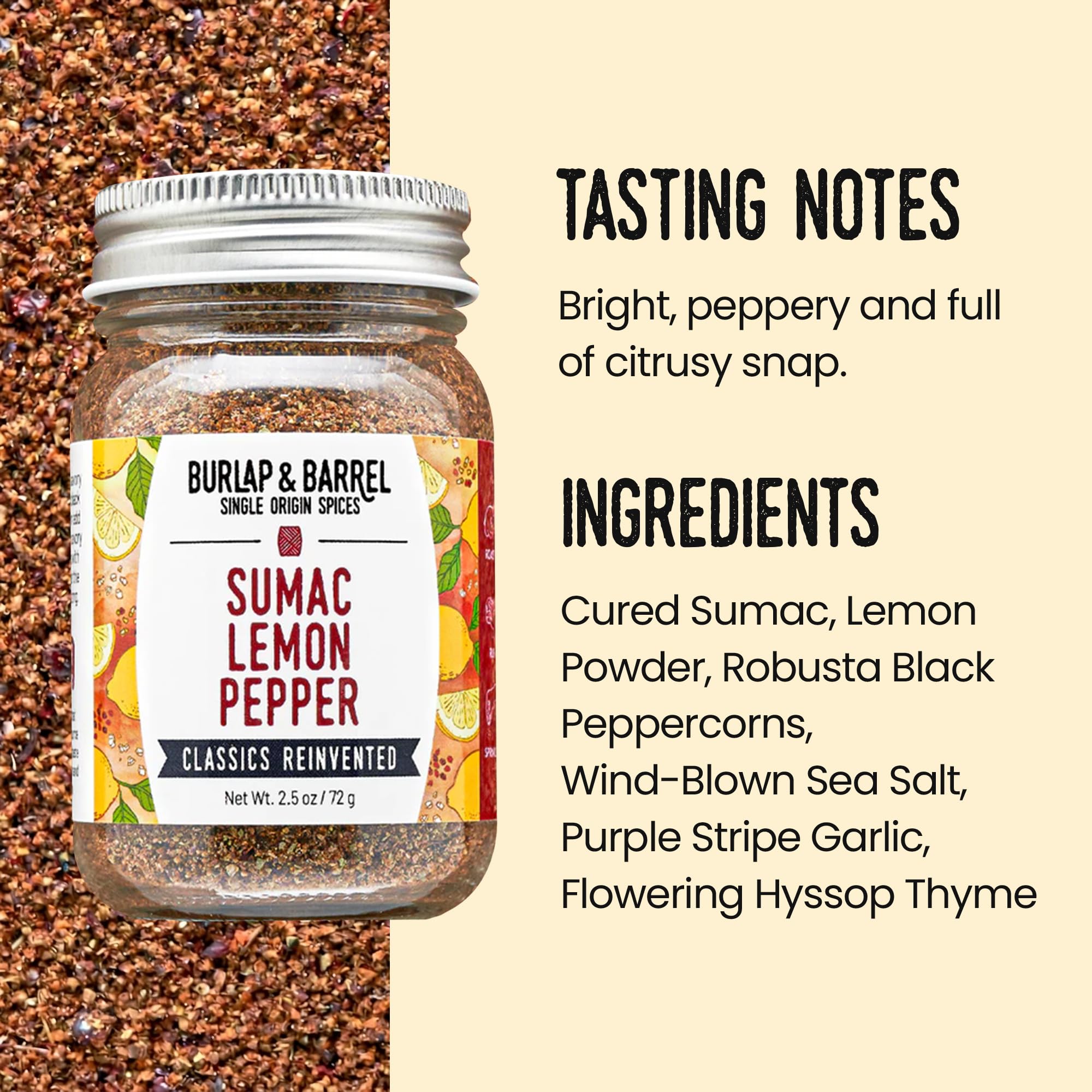 Burlap & Barrel Sumac Lemon Pepper - As Seen on Shark Tank! - Bright, Peppery, and Full of Citrusy Snap - Great for Chicken, Fish, and Vegetables