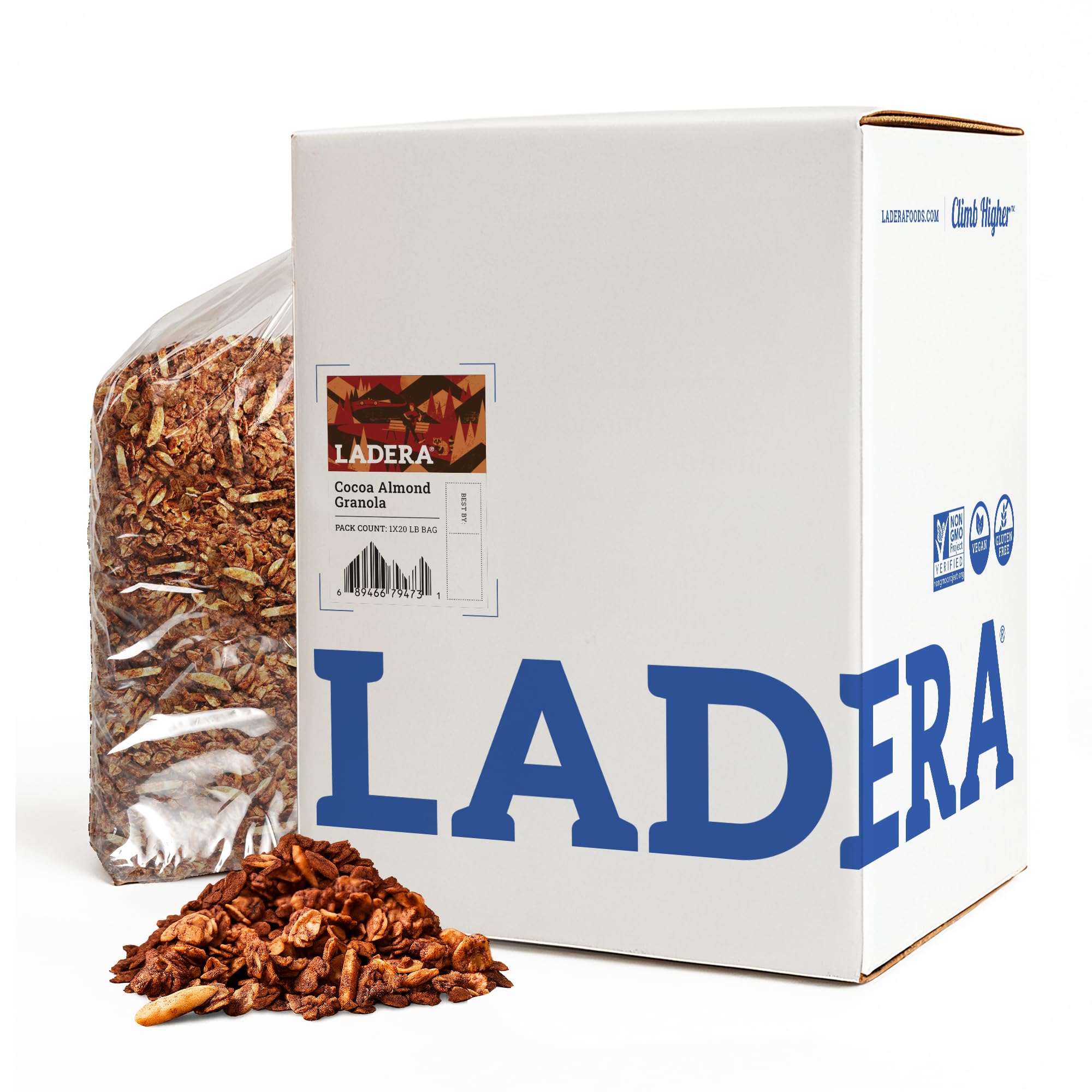 Ladera Cocoa Almond Granola - Low Sugar Chocolate Breakfast Cereal, Gluten Free & Vegan, Honest Ingredients, 20 LB