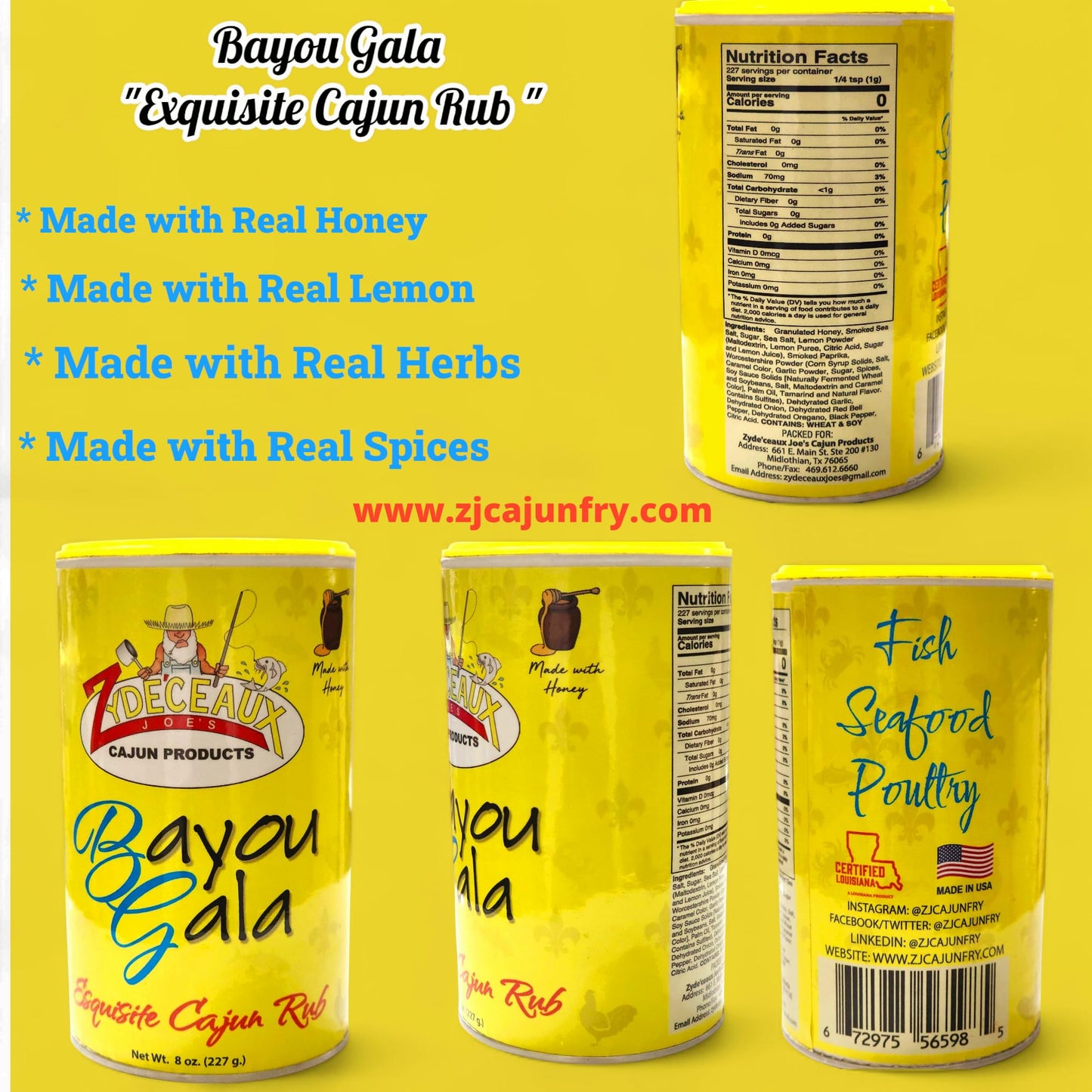 Zyde'ceaux Joe's Cajun Seasoning Bundle, Bayou Gala, Winnfield Cajun Dust 1.0 and 2.0, Premium Fish Fry Breading, 4 Pack