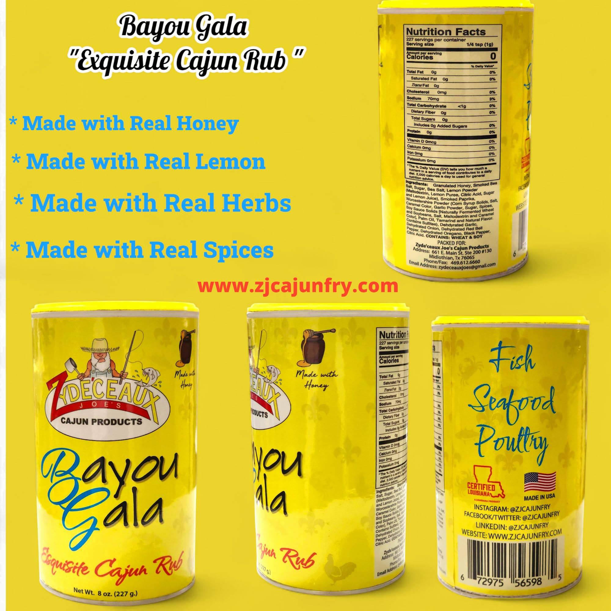 Zyde'ceaux Joe's Cajun Seasoning Bundle, Bayou Gala, Winnfield Cajun Dust 1.0 and 2.0, Premium Fish Fry Breading, 4 Pack