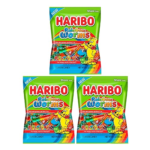 Haribo Rainbow Gummy Worms Pack of 3 (5 oz Bags) Lemon, Strawberry, and Black Currant Candy for Easter, and More in a King of Sweets Bulk Bag