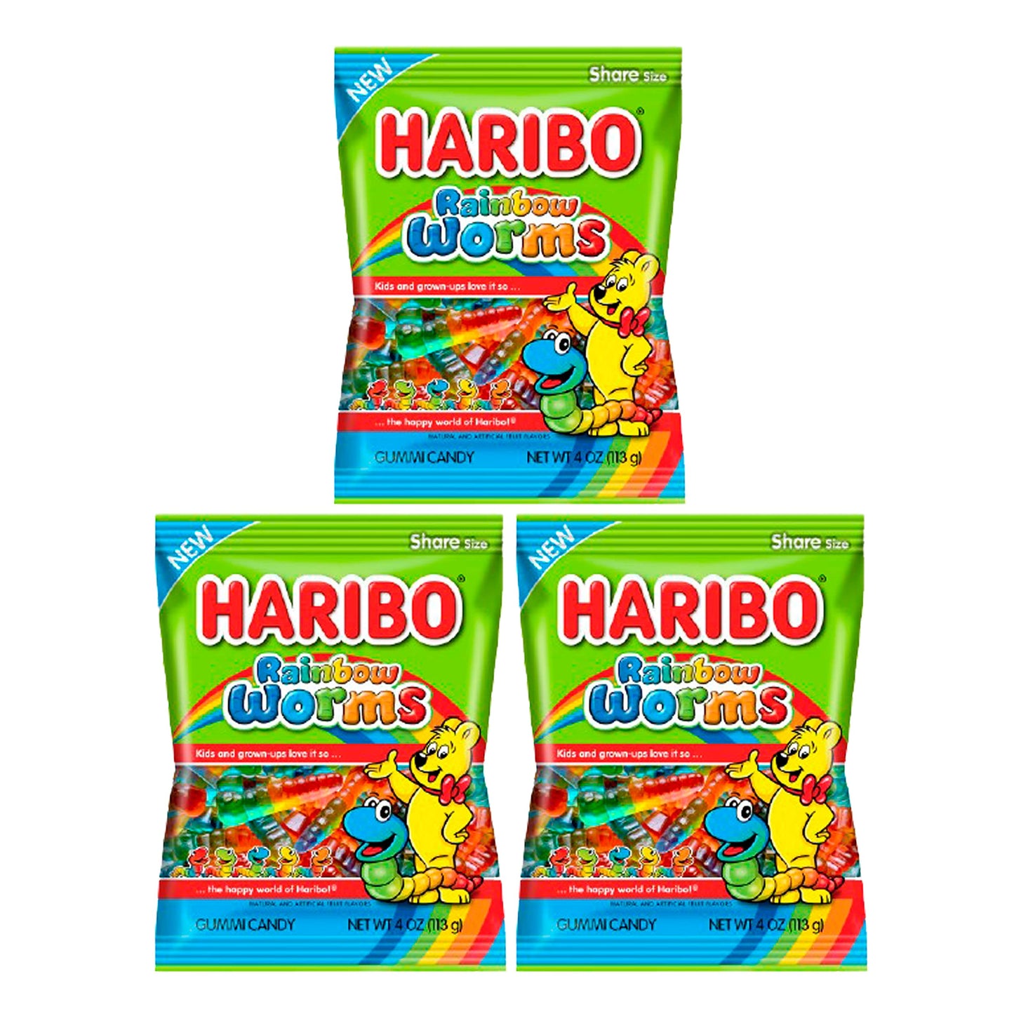 Haribo Rainbow Gummy Worms Pack of 3 (5 oz Bags) Lemon, Strawberry, and Black Currant Candy for Easter, and More in a King of Sweets Bulk Bag