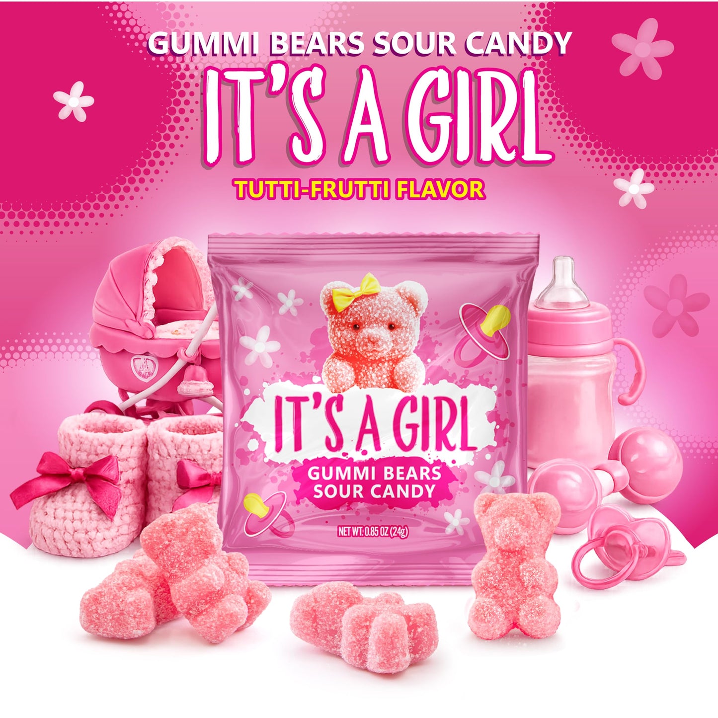 Its a Girl Candy | 12 Packs of Sour Gummies | Tutti Frutti Gummi Bears | Pink Candy for Baby Shower Favors | Gender Reveal Party Favors Individually