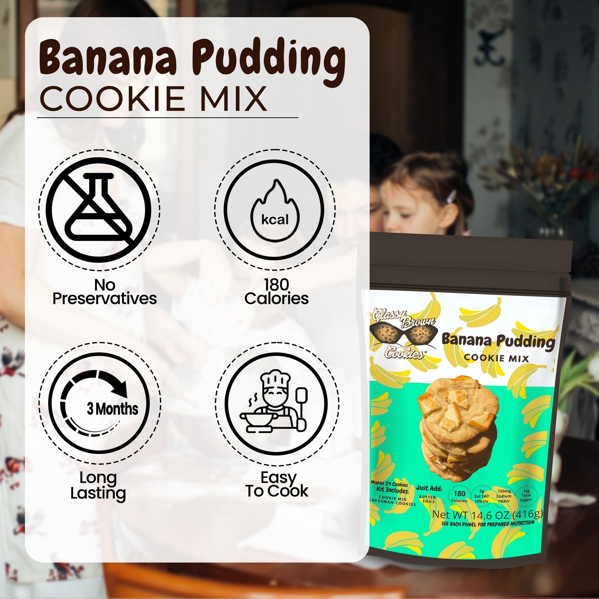 Glassy Brown Cookies - Banana Pudding Cookie Mix | Soft Cookies Variety Pack | Banana Flavor Edible Cookie Dough Bites | Butter Cookies With No Preservatives | Banana Baking Mix Pack - 14.6 OZ (416g)
