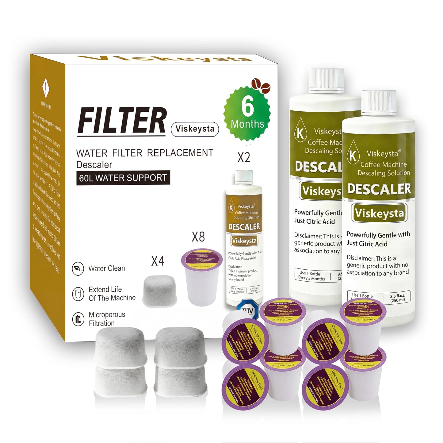 Viskeysta 6-Month Maintenance Kit for Keurig: 2 Descalers + 4 Filters + 8 Cleaning Pods, Compatible with Keurig Classic/1.0/2.0 K-Cup Coffee Makers