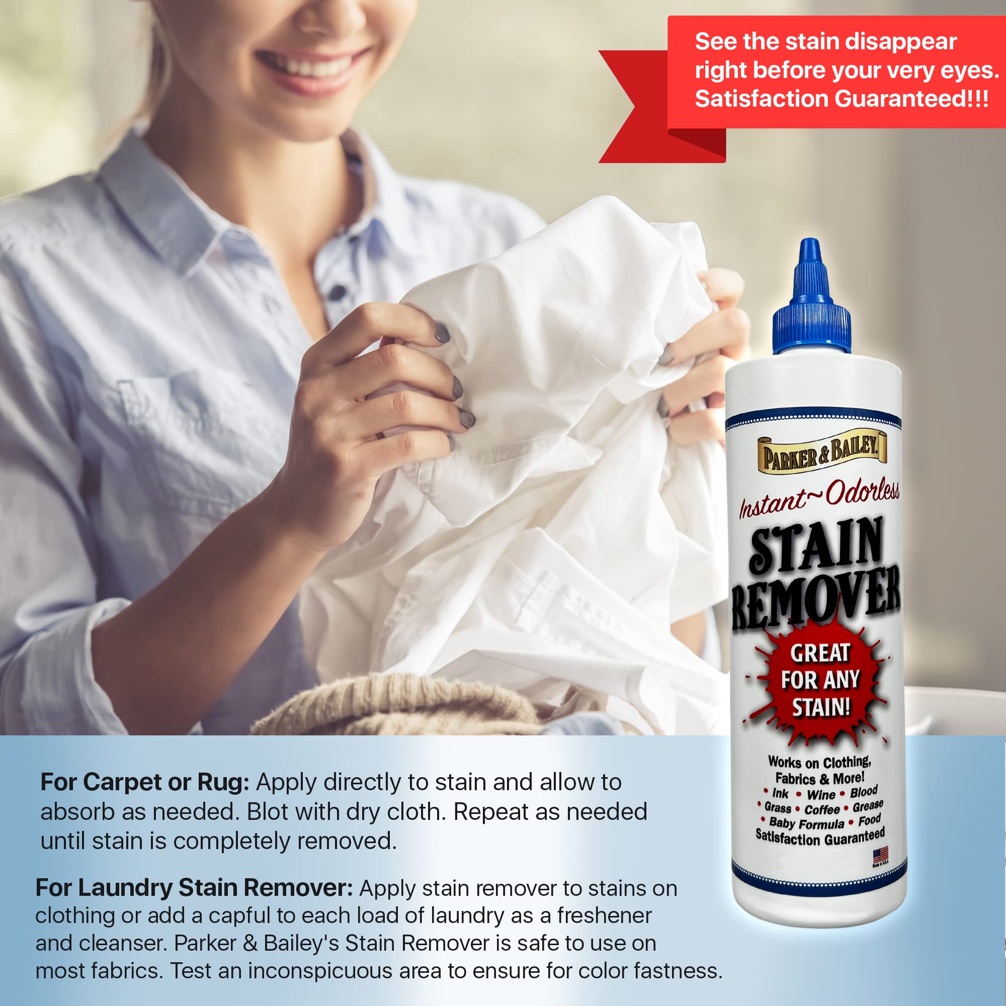 Parker & Bailey Liquid Stain Remover - Instant Stain Removal on Laundry Clothing Fabric Ink Grease Blood Grass Coffee Wine Food Carpet Upholstery Spot