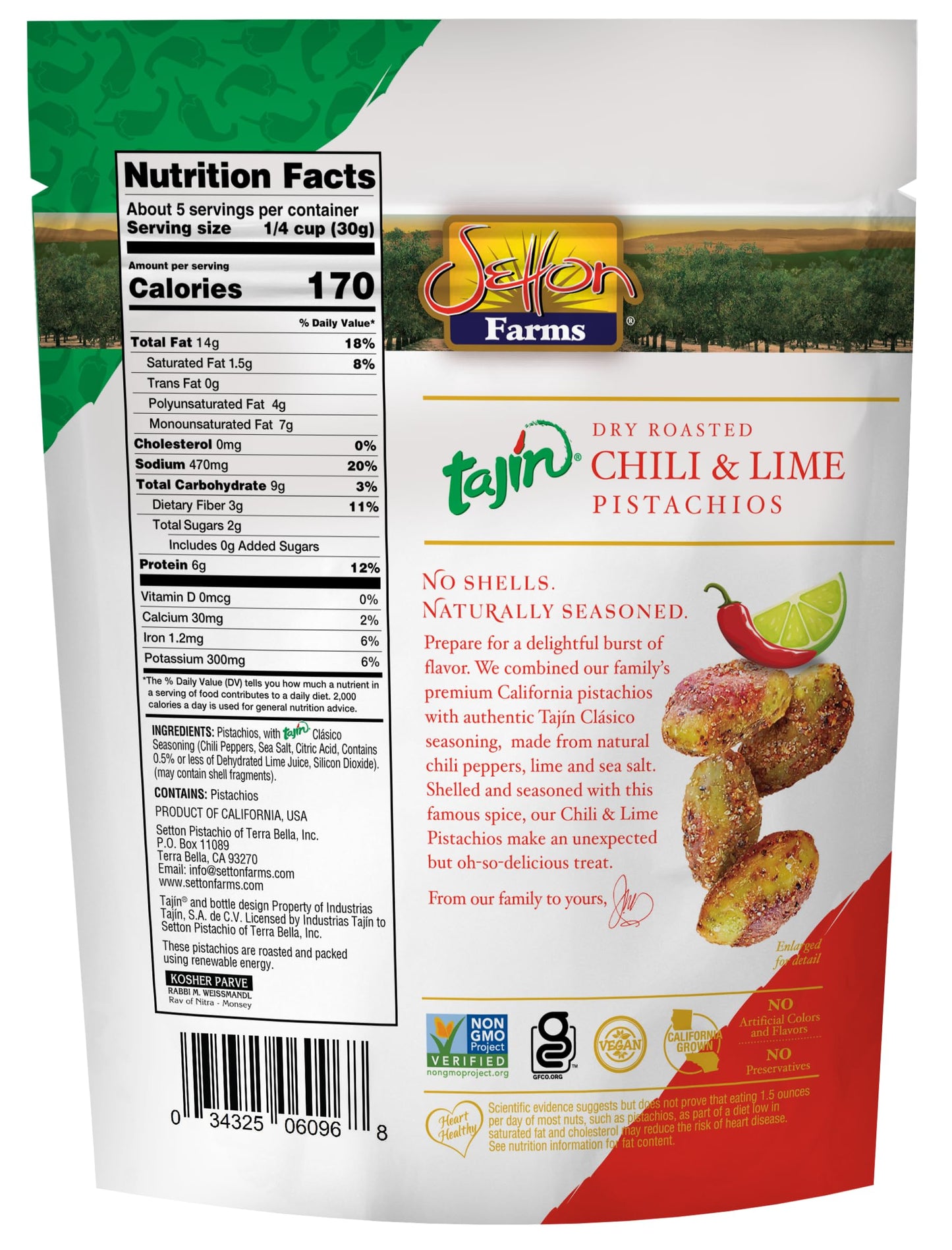 Tajin Seasoned Pistachio Kernels | No Shells | Tajin Clasico Chili Lime | Non-GMO Project Verified | Gluten Free | Vegan | Kosher | 5 Oz. Bag