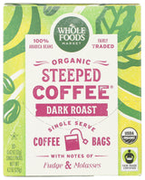 Whole Foods Market, Organic Steeped Coffee, Dark Roast, Notes of Fudge and Molasses, Single Serve Bags, 10 Count