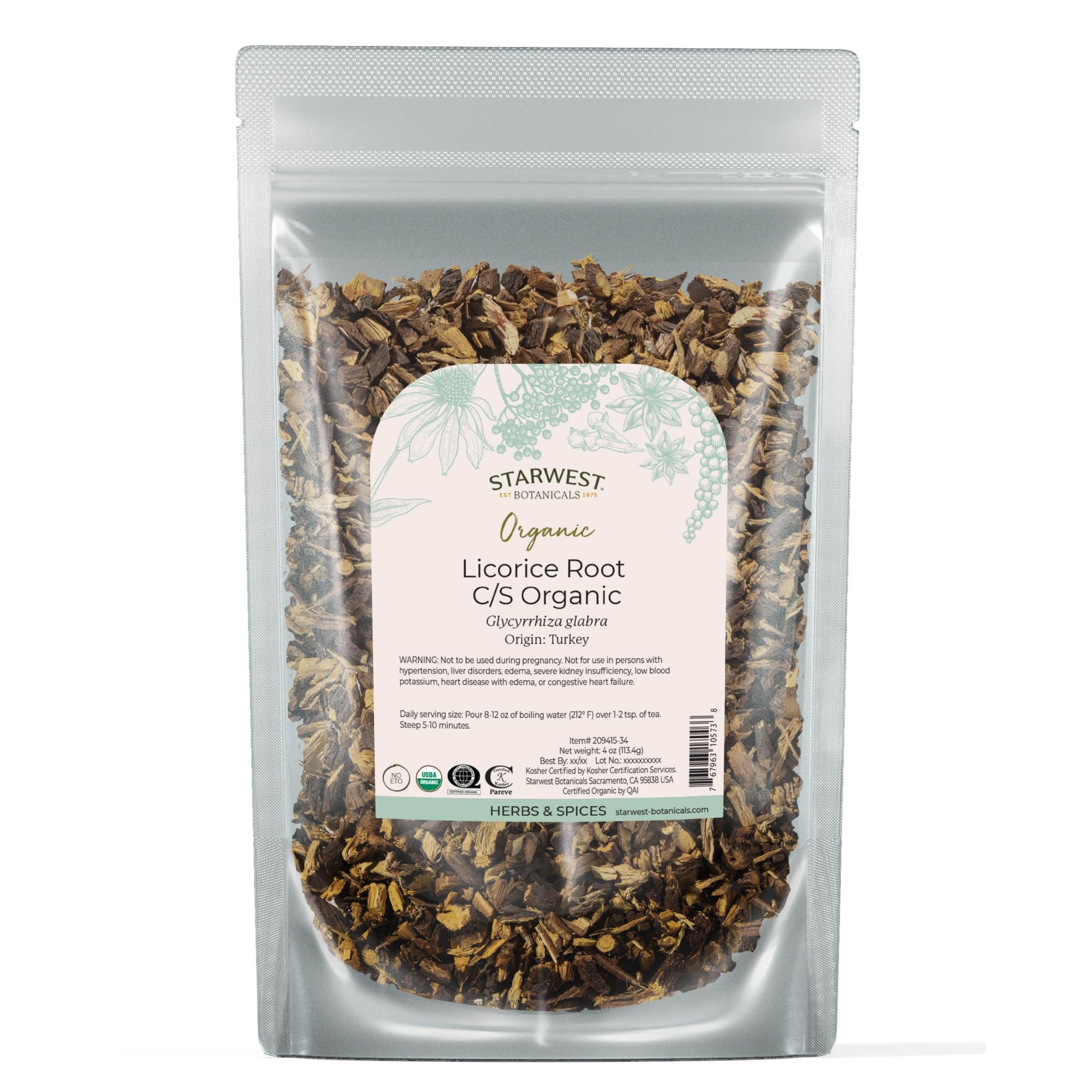 Starwest Botanicals Organic Dried Licorice Root - Herb for Loose Leaf Tea Blends, Candy, & Baked Goods, Cut & Sifted, Certified Kosher, Non-GMO - 4 oz
