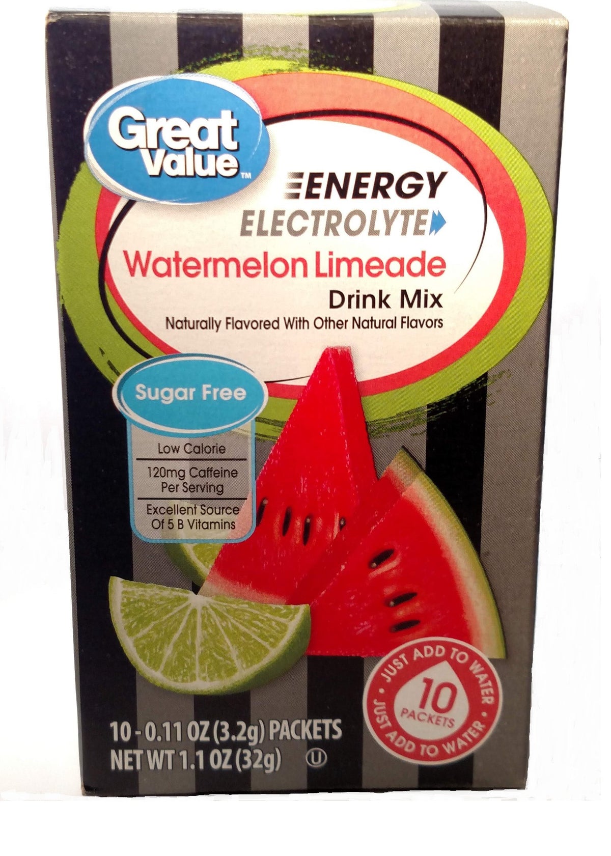 Great Value Sugar Free, Low Calorie ENERGY Watermelon Limeade Drink Mix (Pack of 6)