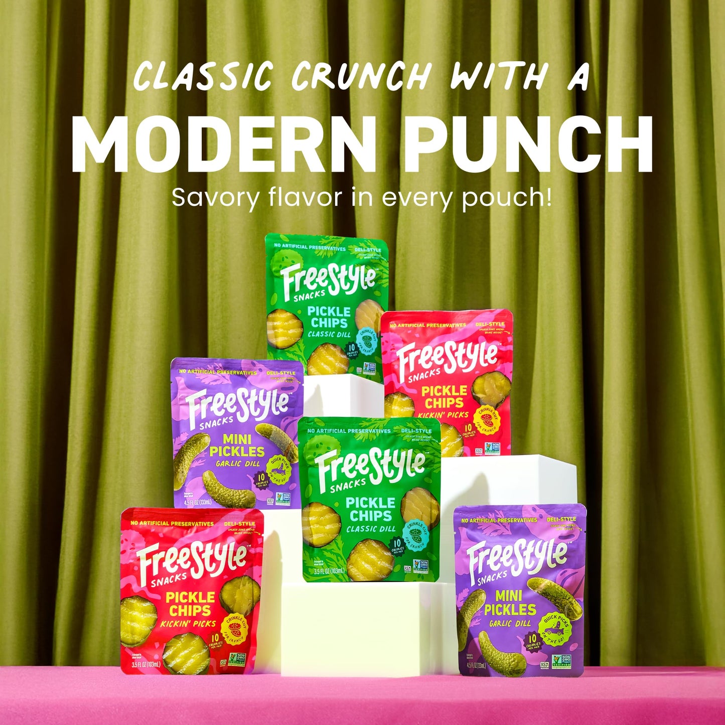 Freestyle Snacks Pickle Variety Snack Packs - 3 Flavors of All Natural, Fresh-Packed Deli-Style Pickles - Non-GMO, Kosher, Gluten-Free, Low Calorie