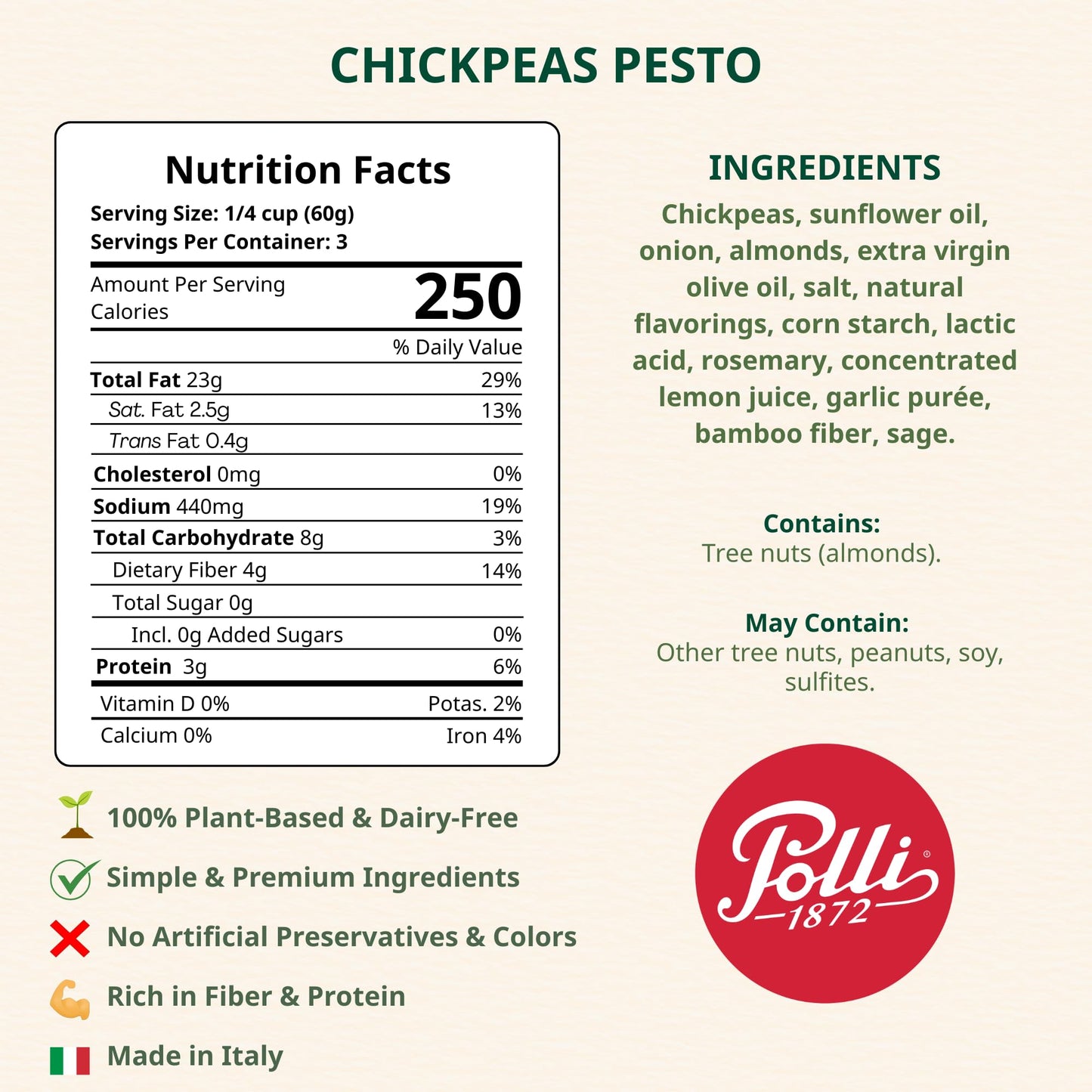 Polli Chickpea Pesto - Plant Based Italian Pesto Sauce with Extra Virgin Olive Oil & Almonds, Vegan Pasta Sauce, Dairy Free, Made in Italy, 2 x 3.2 oz
