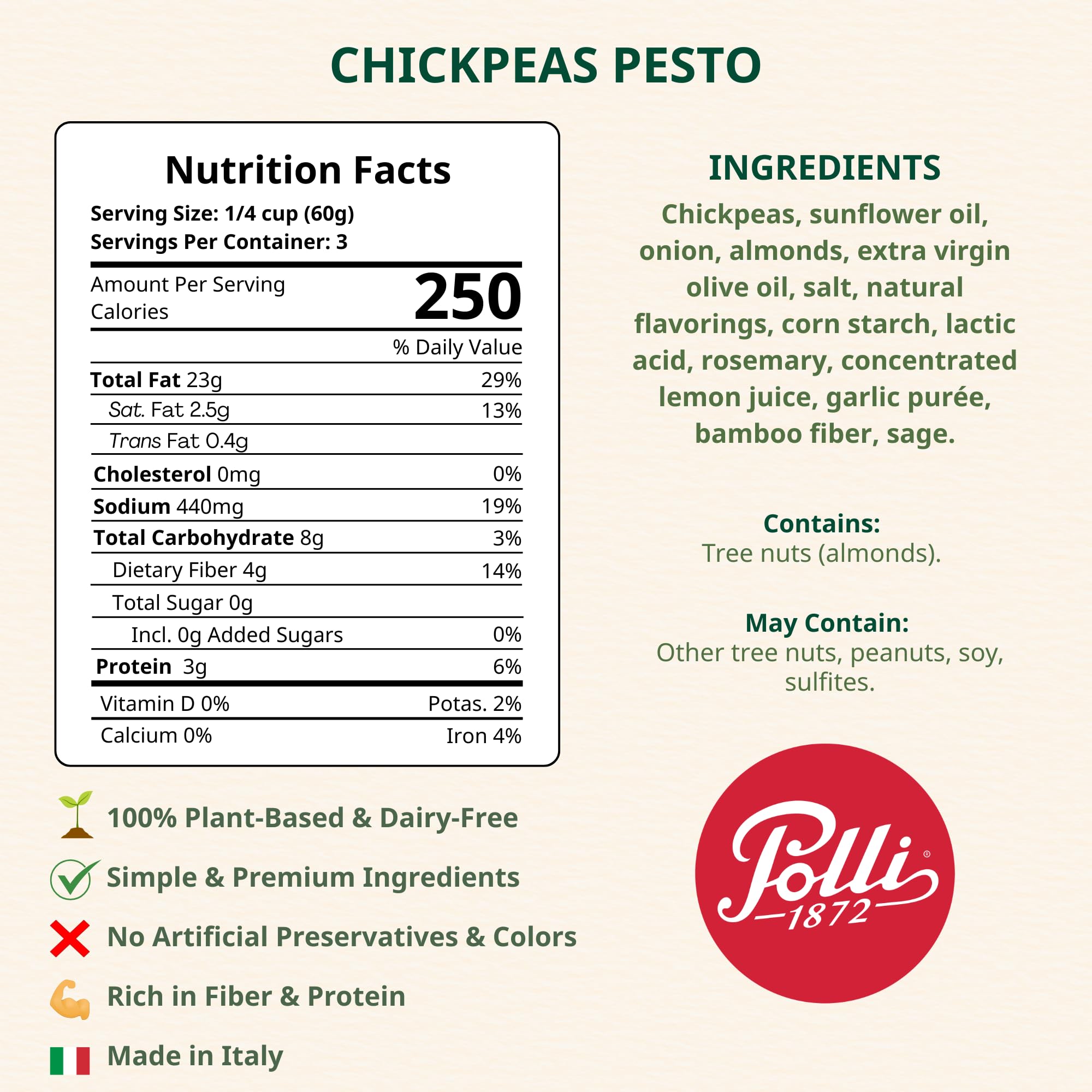 Polli Chickpea Pesto - Plant Based Italian Pesto Sauce with Extra Virgin Olive Oil & Almonds, Vegan Pasta Sauce, Dairy Free, Made in Italy, 2 x 3.2 oz