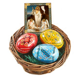 Needzo 3 Hand Painted Ukrainian Wooden Easter Eggs Pysanky in Basket With Resurrection Of Christ Icon Angels, 3 Inch, Easter Gift Set